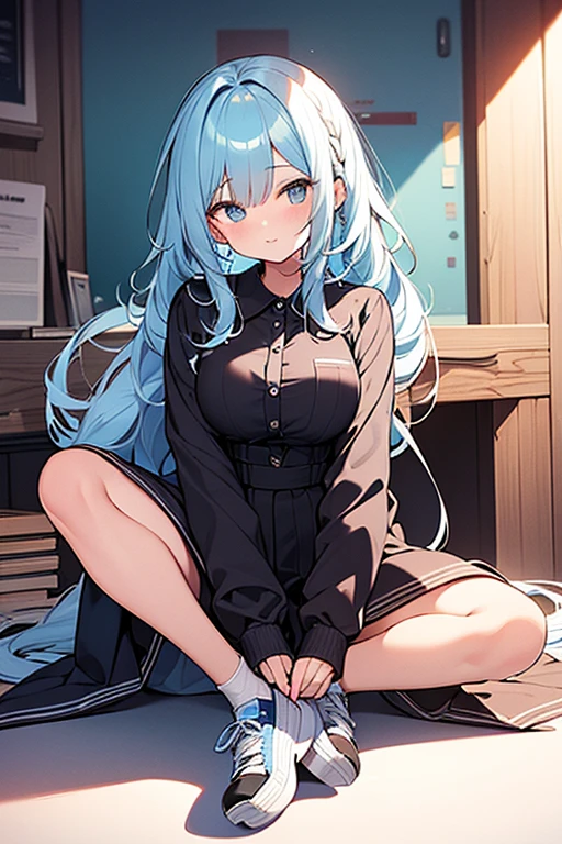 ((highest quality)), ((masterpiece)), (be familiar with), perfect face, one girl、、big breasts、small face、long hair、silky hair、foreign style braids、pastel blue hair、Full body figure、Work clothes、Jumpsuit、shoes、