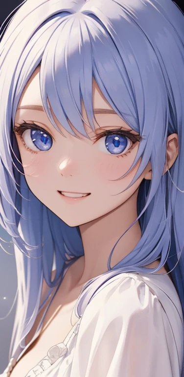 (8K、highest quality、masterpiece:1.2)、Super detailed、super resolution、Realistic、1girl、(two-color hair, white:1.5)、blue eyes、(eye focus:1.3,face focus:1.3,upper body:1.5),(gradient hair:1.5),(blouse:1.3)、(grin:1.3),cute face,small breasts,portrait,zydG
