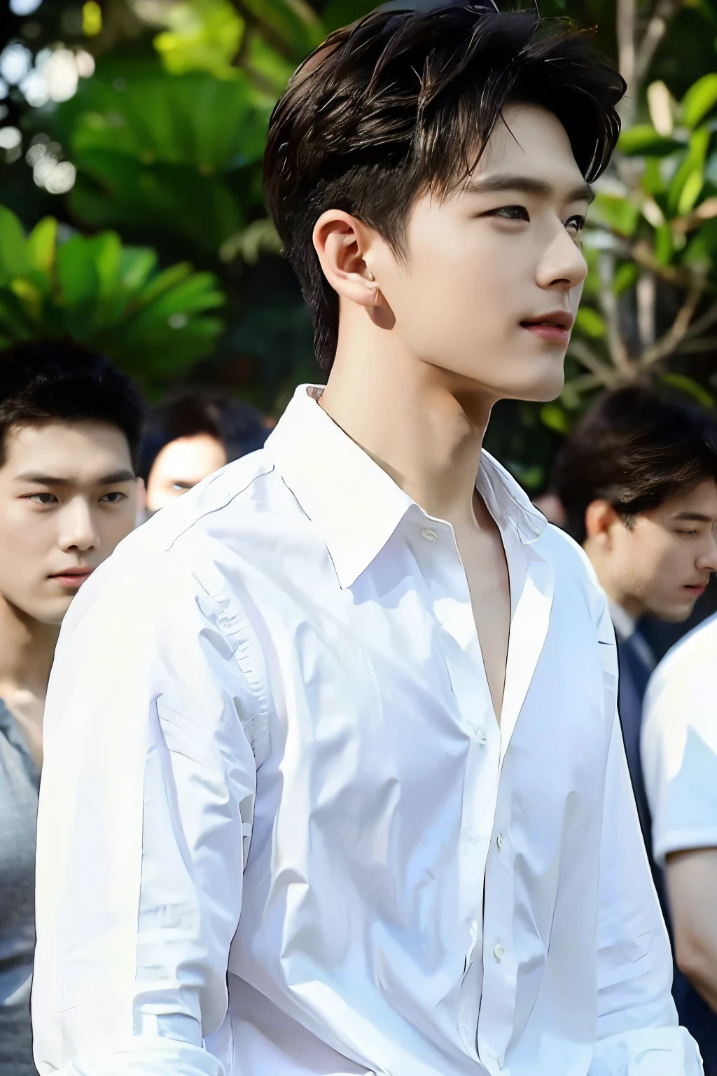 ((Top  Quality, 8K, ​masterpiece: 1.3))、Cool Korea Man, １Man with a、20yo、Well-formed face、Handsome nose、detailed eyes and face、beautiful  lighting、(studio)、Hight Resolution、（looking looking at viewer）、detailed mouth、Sorrisos、s whole body: 1.5, perfect body figure: 1.ictures of both shoulders:1.3, Casual clothes:1.5 Afternoon photo from the side of a handsome, white-skinned man wearing a white shirt and brown trousers at an Indonesian outdoor wedding party