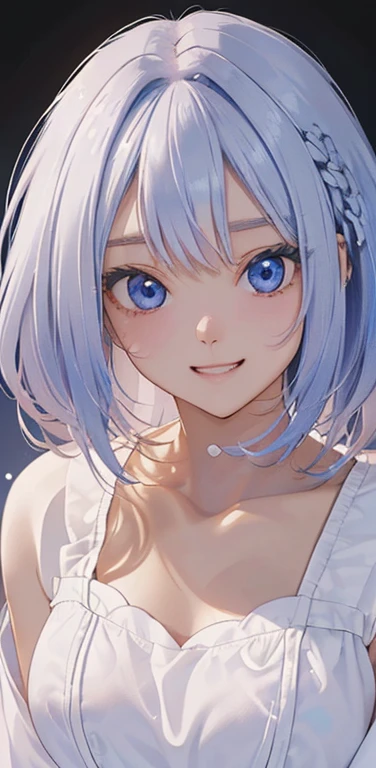 (8K、highest quality、masterpiece:1.2)、Super detailed、super resolution、Realistic、1girl、(two-color hair, white:1.5)、blue eyes、(eye focus:1.3,face focus:1.3,upper body:1.5),(gradient hair:1.5),(blouse:1.3)、(grin:1.3),cute face,small breasts,portrait,zydG
