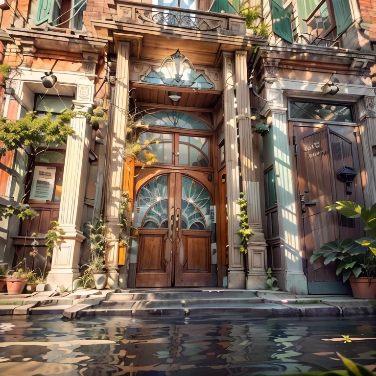 Megapoliodern exterior, view from the street, large entrance door to a studio apartment, chic made of pure wood, decorated with carvings and inlays, a masterpiece, Best quality, (Modern), (surrealism: 1.3)). (Entrance march, high steps, brickwork, white windows,). Best quality, ((masterpiece: 1.2), (realism: 1.2), (Best quality), (special attention to detail, decorative elements: 1.3)). (Sunny day, sidewalk, door to the studio, modern art nouveau style). (Open windows, full-length, cool design, in light coloraterials: brick, stone, wood, glass, biton, polished metal, (predominant: white, red and yellow, gold). (High light cornice). ( (realistic 3D visualization, super detail, ray tracing, flooded sunlight, contrasting shadows - cold tone, warm soft light)).Modern style (modern), (High-Tech), (surrealism: 1.3), Excellent, high quality. Hand-drawn realism.