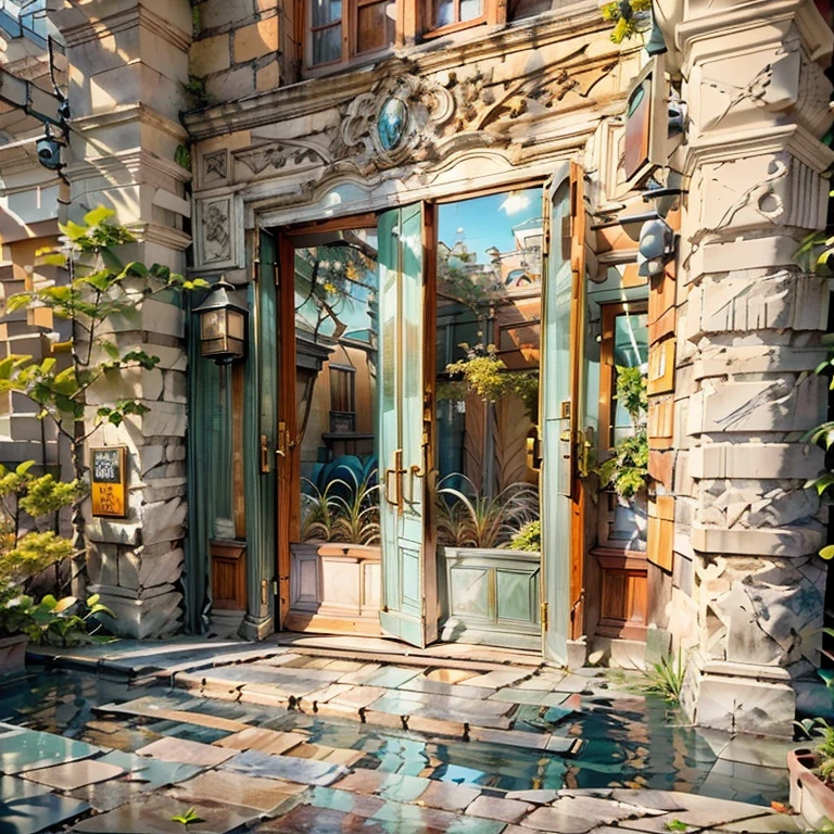 Megapoliodern exterior, view from the street, large entrance door to a studio apartment, chic made of pure wood, decorated with carvings and inlays, a masterpiece, Best quality, (Modern), (surrealism: 1.3)). (Entrance march, high steps, brickwork, white windows,). Best quality, ((masterpiece: 1.2), (realism: 1.2), (Best quality), (special attention to detail, decorative elements: 1.3)). (Sunny day, sidewalk, door to the studio, modern art nouveau style). (Open windows, full-length, cool design, in light coloraterials: brick, stone, wood, glass, biton, polished metal, (predominant: white, red and yellow, gold). (High light cornice). ( (realistic 3D visualization, super detail, ray tracing, flooded sunlight, contrasting shadows - cold tone, warm soft light)).Modern style (modern), (High-Tech), (surrealism: 1.3), Excellent, high quality. Hand-drawn realism.