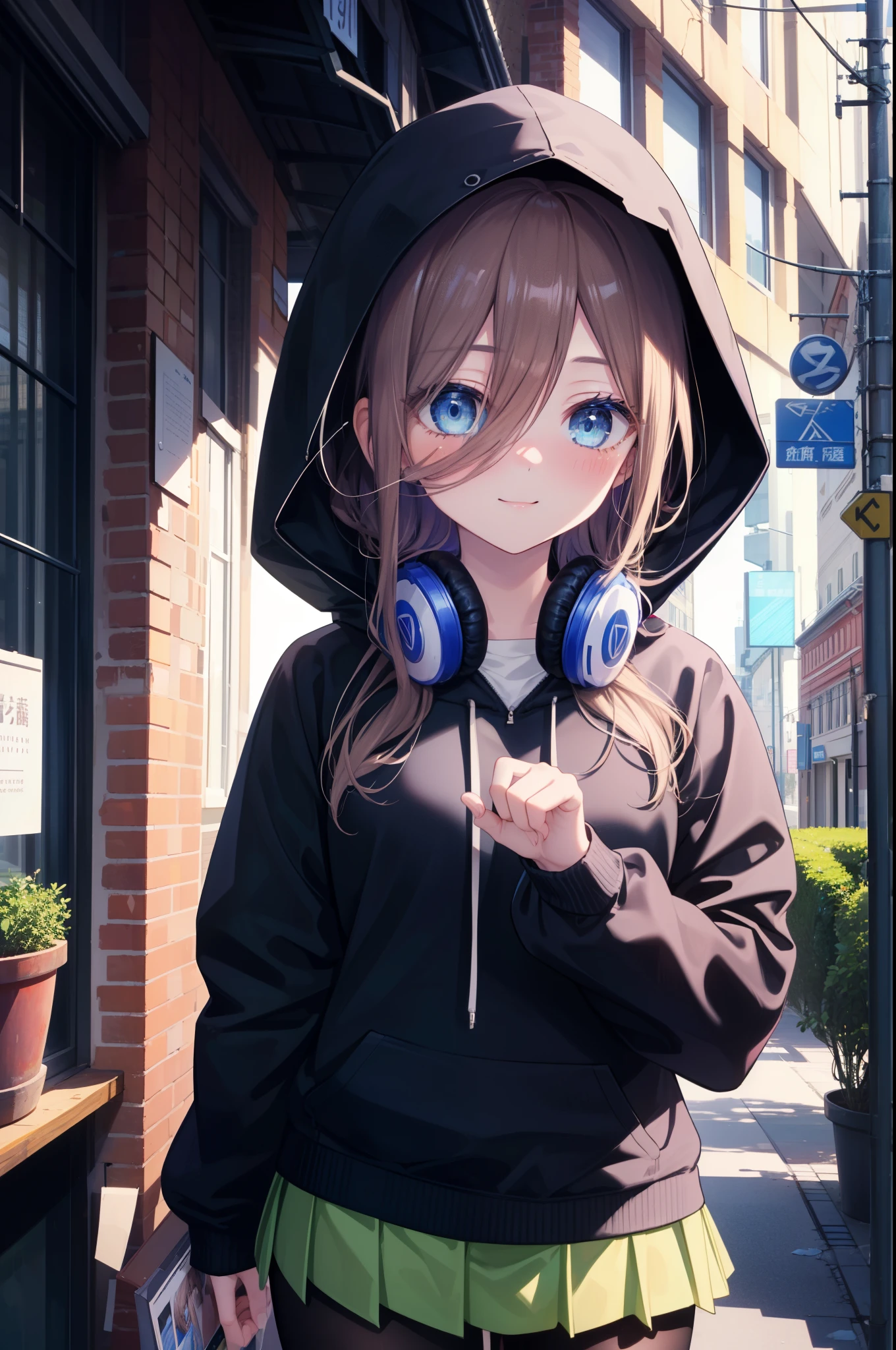 miku nakano, Nakano Miku Ticket III, long hair, bangs, blue eyes, brown hair, hair between eyes, blush,smile,headphones around neck,Blue hoodie,wearing a hood,Green pleated skirt,gray pantyhose,short boots,I put my hands in my hoodie pockets,whole body,
break outdoors, In town,building street,
break looking at viewer, (cowboy shot:1.5), (Upper body:1.5),
break (masterpiece:1.2), highest quality, High resolution, unity 8k wallpaper, (figure:0.8), (detailed and beautiful eyes:1.6), highly detailed face, perfect lighting, Very detailed CG, (perfect hands, perfect anatomy),