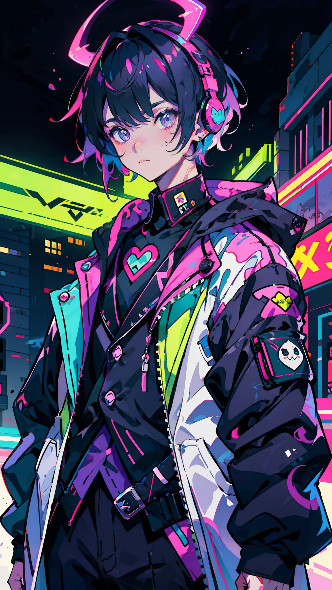 anime boy, aristocrat, internet celeb, neon purple and black colors, scars, stickers, neon style of wwhole, street fashion, cool, headphones, short hair, handsome boy, evil, doomed, villain