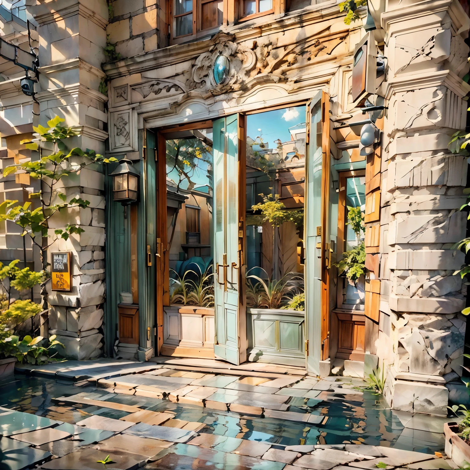Megapoliodern exterior, view from the street, large entrance door to a studio apartment, chic made of pure wood, decorated with carvings and inlays, a masterpiece, Best quality, (Modern), (surrealism: 1.3)). (Entrance march, high steps, brickwork, white windows,). Best quality, ((masterpiece: 1.2), (realism: 1.2), (Best quality), (special attention to detail, decorative elements: 1.3)). (Sunny day, sidewalk, door to the studio, modern art nouveau style). (Open windows, full-length, cool design, in light coloraterials: brick, stone, wood, glass, biton, polished metal, (predominant: white, red and yellow, gold). (High light cornice). ( (realistic 3D visualization, super detail, ray tracing, flooded sunlight, contrasting shadows - cold tone, warm soft light)).Modern style (modern), (High-Tech), (surrealism: 1.3), Excellent, high quality. Hand-drawn realism.