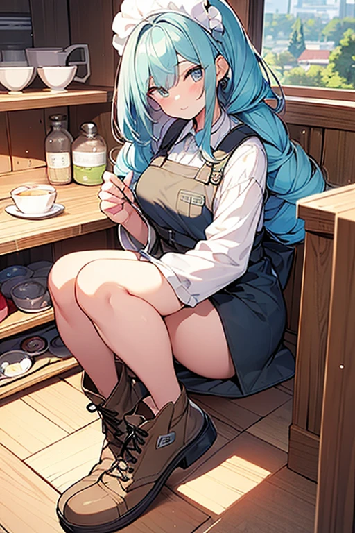 ((highest quality)), ((masterpiece)), (be familiar with), perfect face, one girl、15 years old、big breasts、small face、long hair、silky hair、foreign style braids、pastel blue hair、Full body figure、khaki、Work clothes、Jumpsuit、work apron、safety boots、