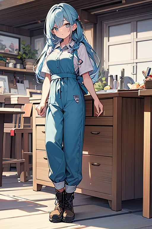 ((highest quality)), ((masterpiece)), (be familiar with), perfect face, one girl、15 years old、big breasts、small face、long hair、silky hair、foreign style braids、pastel blue hair、Full body figure、khaki、Work clothes、Jumpsuit、work apron、safety boots、