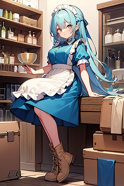((highest quality)), ((masterpiece)), (be familiar with), perfect face, one girl、15 years old、big breasts、small face、long hair、silky hair、foreign style braids、pastel blue hair、Full body figure、khaki、Work clothes、Jumpsuit、work apron、safety boots、