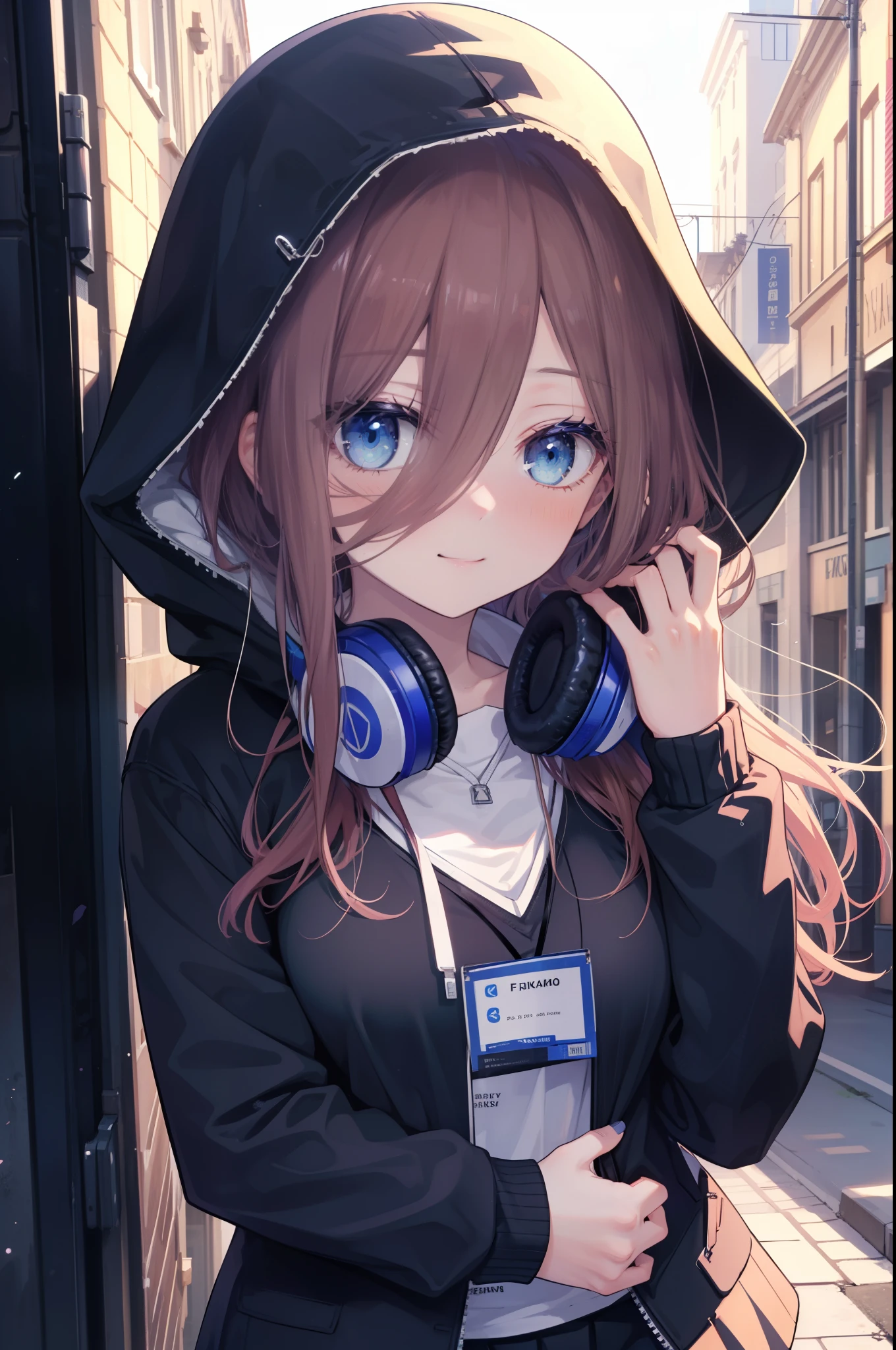miku nakano, Nakano Miku Ticket III, long hair, bangs, blue eyes, brown hair, hair between eyes, blush,smile,headphones around neck,Blue hoodie,wearing a hood,Green pleated skirt,gray pantyhose,short boots,I put my hands in my hoodie pockets,whole body,
break outdoors, In town,building street,
break looking at viewer, (cowboy shot:1.5), (Upper body:1.5),
break (masterpiece:1.2), highest quality, High resolution, unity 8k wallpaper, (figure:0.8), (detailed and beautiful eyes:1.6), highly detailed face, perfect lighting, Very detailed CG, (perfect hands, perfect anatomy),