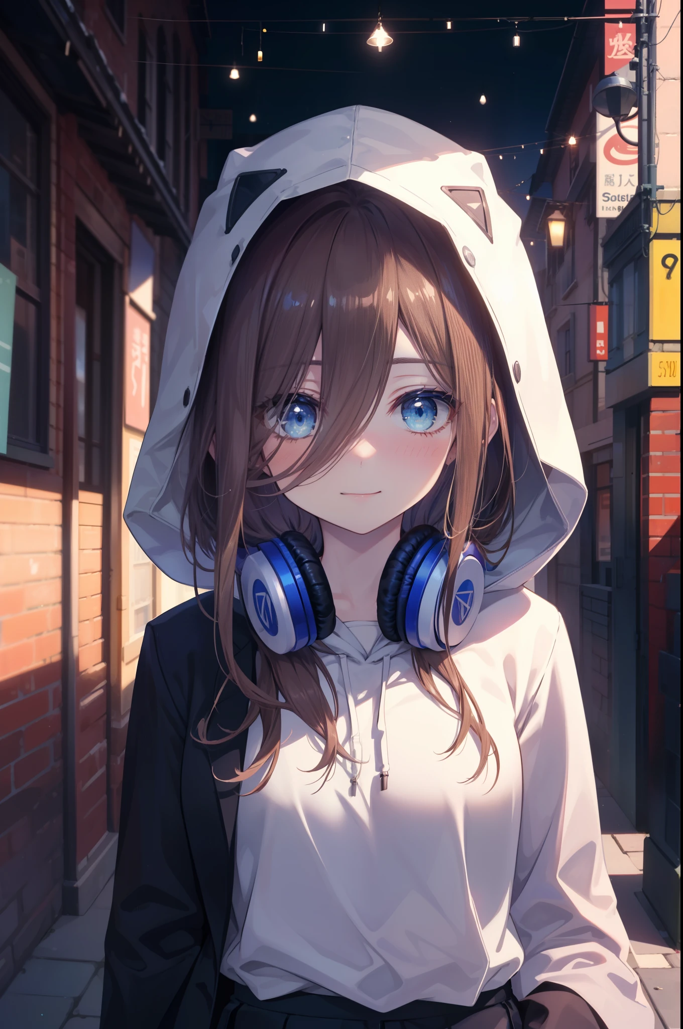 miku nakano, Nakano Miku Ticket III, long hair, bangs, blue eyes, brown hair, hair between eyes, blush,smile,headphones around neck,Blue hoodie,wearing a hood,Green pleated skirt,gray pantyhose,short boots,I put my hands in my hoodie pockets,whole body,
break outdoors, In town,building street,
break looking at viewer, (cowboy shot:1.5), (Upper body:1.5),
break (masterpiece:1.2), highest quality, High resolution, unity 8k wallpaper, (figure:0.8), (detailed and beautiful eyes:1.6), highly detailed face, perfect lighting, Very detailed CG, (perfect hands, perfect anatomy),