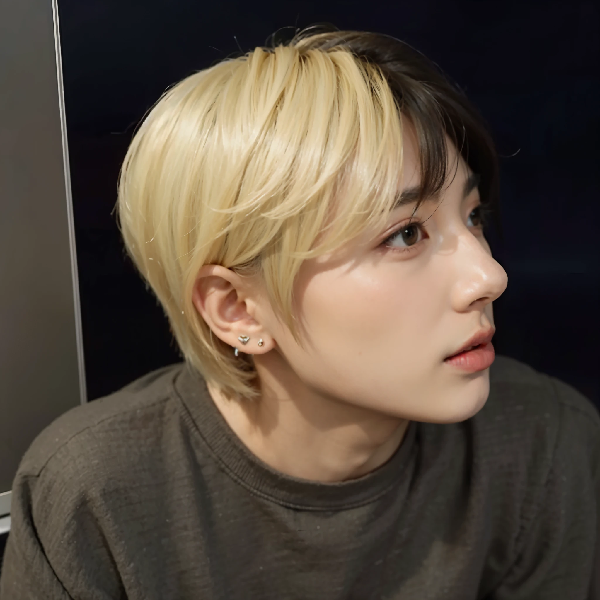 chiseled man with blond hair and piercings sitting in front of a television, Jungkook, Kim Doyoung, Jimin\the right eyelid is swollen, com o mesmo penteado, Cai Xukun, taejune kim, inspirado em Kun Can, taken at the beginning of 2020, 1 Menino de 7 anos, rosto magro, hyung tae, xqc