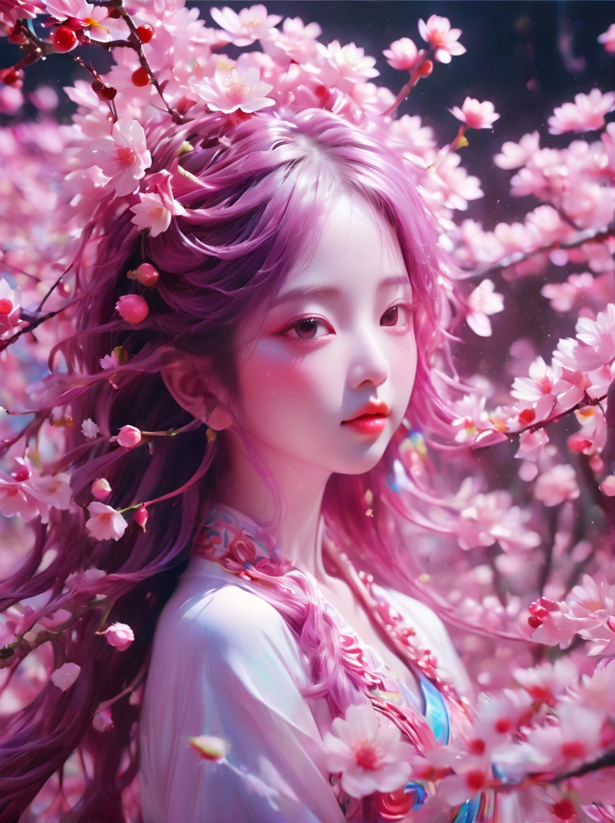 a girl made of fresh plants，迷幻Cherry blossoms空间 , Very detailed, Vibrant Color Lisa Candid Style,Cherry blossoms女孩，((Cherry blossoms头发:1.5))，Layered art, Cherry blossoms树林,Cherry blossoms,Beautiful psychedelic psychedelic white complex detailed crafted,cute face,long hair,8k,Ultra-fine knots,antlers,