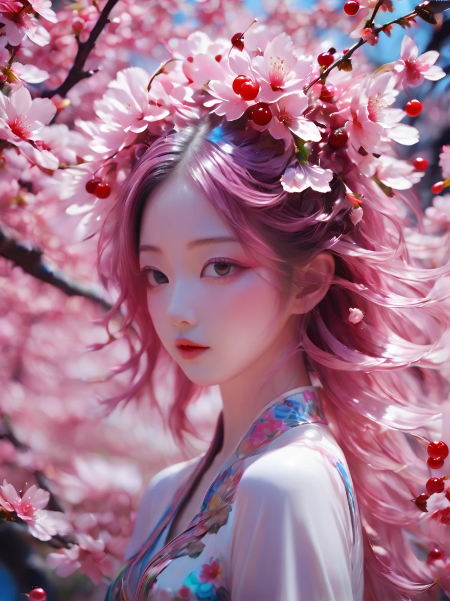 a girl made of fresh plants，迷幻Cherry blossoms空间 , Very detailed, Vibrant Color Lisa Candid Style,Cherry blossoms女孩，((Cherry blossoms头发:1.5))，Layered art, Cherry blossoms树林,Cherry blossoms,Beautiful psychedelic psychedelic white complex detailed crafted,cute face,long hair,8k,Ultra-fine knots,antlers,