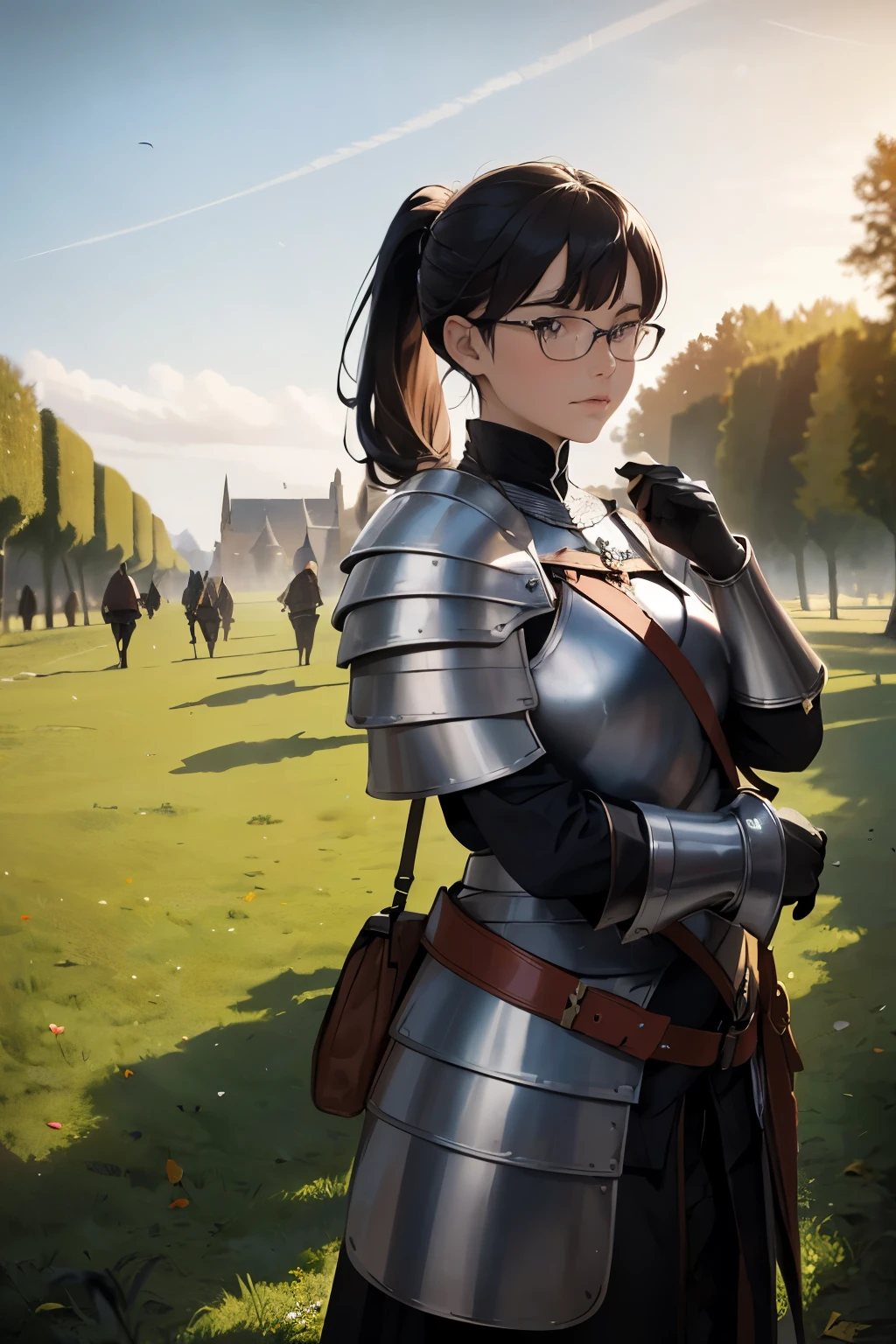 ((wide angle shot of the Hundred Years' War in France)), a beautiful woman, black hair in a ponytail, bangs, wearing glasses, wearing Jeanne d'Arc armor
