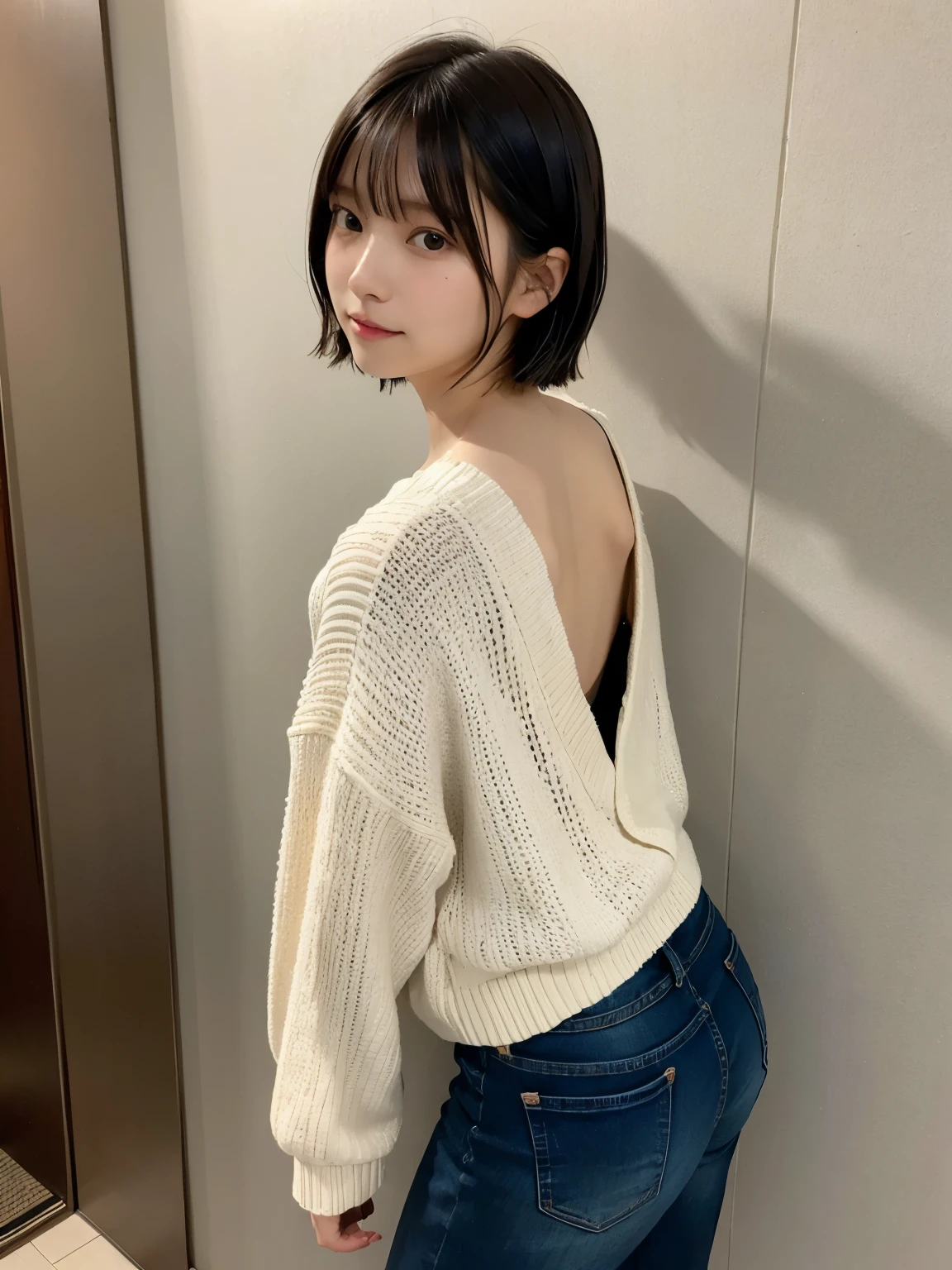 Best quality,raw photo , 19 years old Japanese female idol, leaning forward,touch the wall ,from behind, looking back , v-neck sweater ,boyfriend jeans,Short hair, bowl cut ,cute face ,edgy ,wet ,selfie, rain,night,