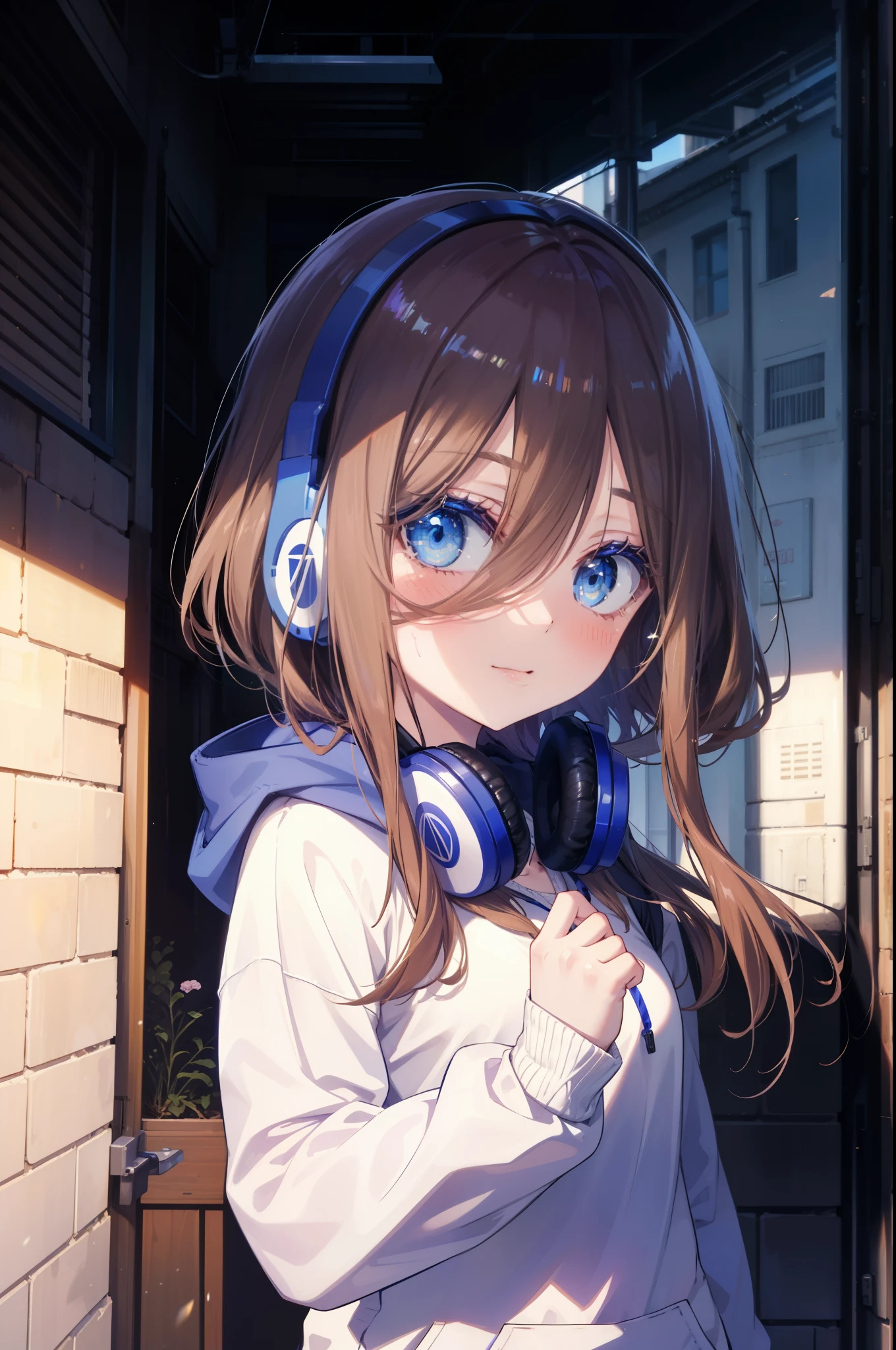 miku nakano, Nakano Miku Ticket III, long hair, bangs, blue eyes, brown hair, hair between eyes, blush,smile,Headphones around the neck1:1,blue hoodie,wearing a hood,Green pleated skirt,gray pantyhose,short boots,I put my hand in my hoodie pocket.,sunrise,morning,morning日,blow bubble gum, ピンクの風船ガム
break outdoors, city,building street,
break looking at viewer, (cowboy shot:1.5), (Upper body:1.5),
break (masterpiece:1.2), highest quality, High resolution, unity 8k wallpaper, (shape:0.8), (fine and beautiful eyes:1.6), highly detailed face, perfect lighting, Very detailed CG, (perfect hands, perfect anatomy),