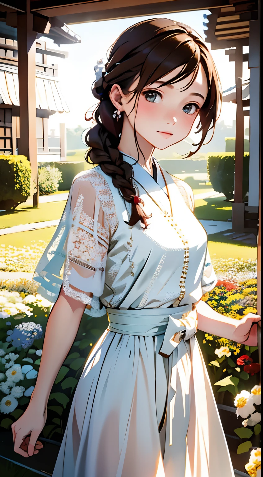 realistic, High resolution, soft light,1 female, 16age、、Japanese、alone, waist rises high, glowing skin, (detailed face),jewelry, brown hair,french braid、white_dress、お洒落なdress、flower field,(dynamic angle:1.1),Brilliant,Soft and warm color palette, delicate brushstrokes, Targeted use of light and shadow, wide shot,The deliciousness of wilted flowers,high contrast,color contrast,Masseter muscle part:1.3