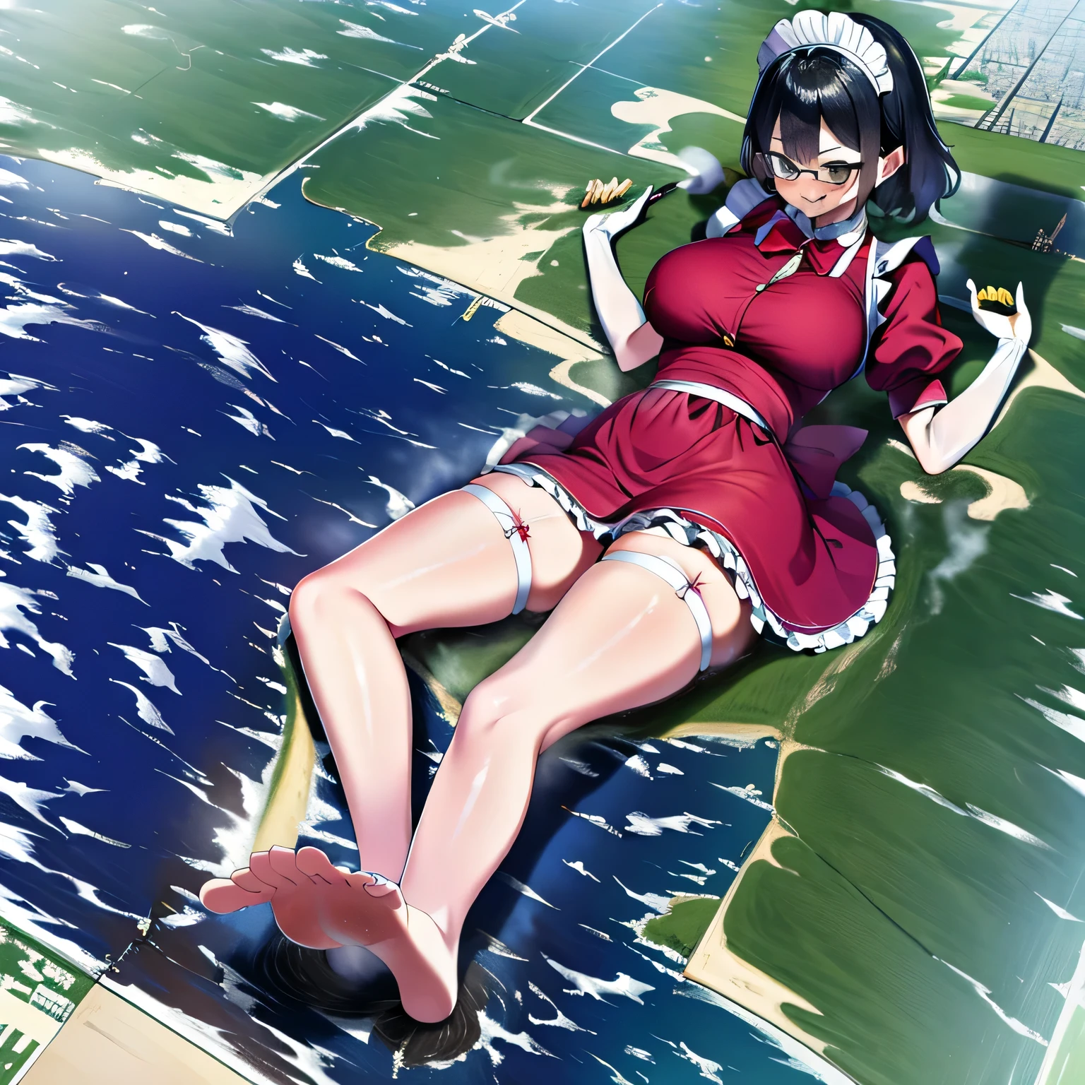 multiple girls, Giantの芸術, 非常に詳細なGiantショット, Giant, short hair, A huge beautiful girl that is much bigger than a skyscraper, wearing rimless glasses, big breasts, big ass, navy maid uniform, black pantyhose, pantyhose barefoot, Steam comes out from the soles of the feet, very small metropolis, miniature metropolis, crush the big city, full body description, ＧＴＳ, ギガGiant, stomping city, crash city, small town, micro city, High resolution, highest quality, masterpiece, maid, 