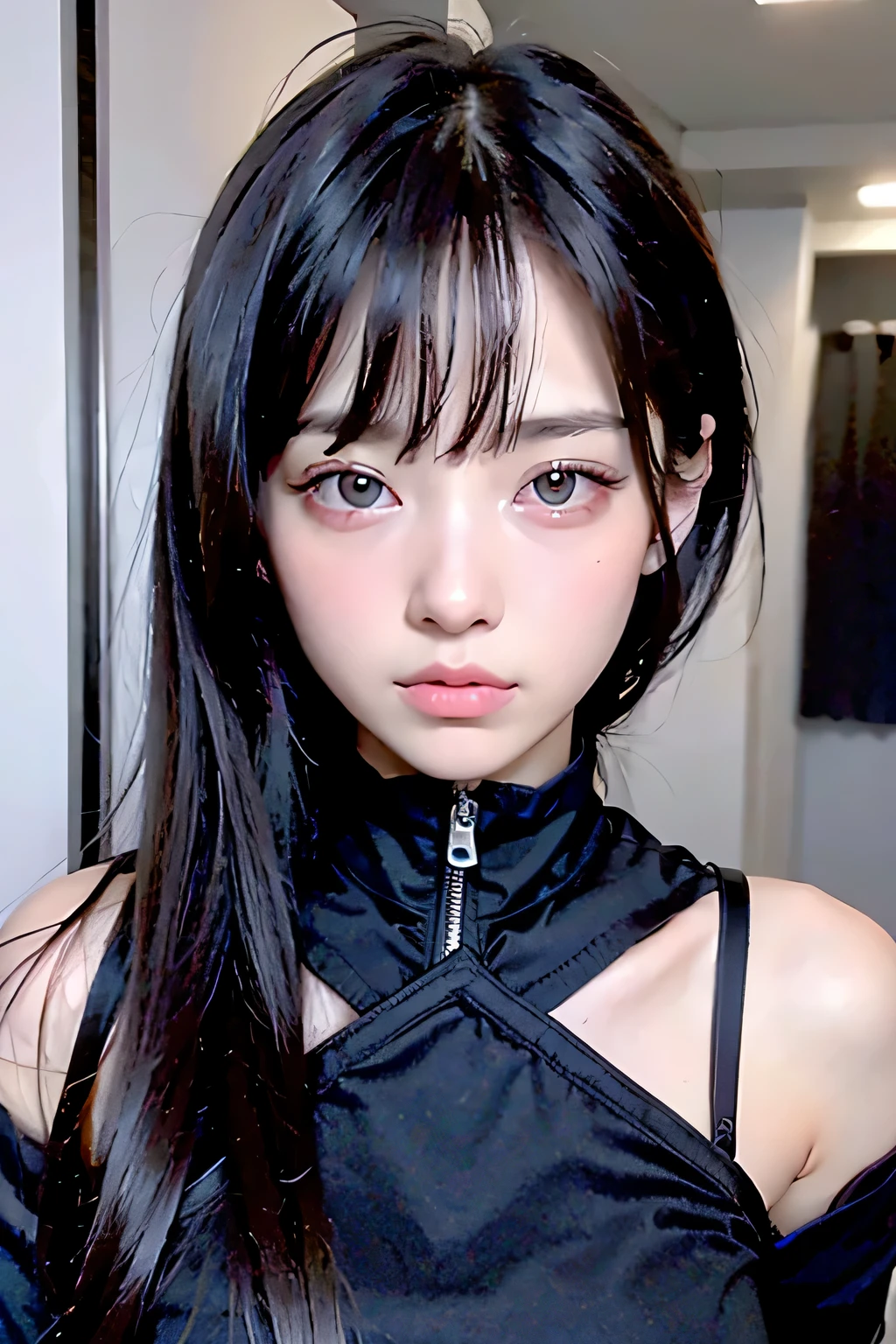 8k、High resolution、female warrior fashion、beautiful girl、black combat uniform、young、white skin,、narrow eyes,high nose,lighting that illuminates the face、clear image、intellectual beauty、skinny、no makeup、anxious look、lighting that illuminates the face,shining hair、single eyelid,blue eyes、in the flower field、vivid pose