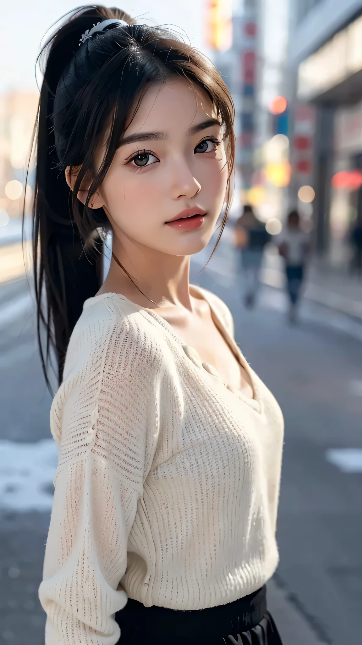 One woman,fully body photo,masutepiece, The highest image quality, High quality, the background is clear，Beautiful woman, Japanese, Detailed, Detailed eyes, Detailed skin, Beautiful skin, 超hight resolution, (reality: 1.4),Very beautiful woman, Slightly younger face, Beautiful skin, slender, (Ultra photo realsisim), (hight resolution), (8K), (Very detailed) (beautifully detailed eyes), (super detailed),   (Detailed face), view the viewer, Fine details, Detailed face, Staring straight ahead, Staring straight ahead, photos realistic, Bright lighting, Professional Lighting, Black hair,poneyTail,a ,sixteen ye is ponytail,long ponytail hairstyle,slight smile,neat and tidy clothing,European Streets,winter Clothing,snowing,