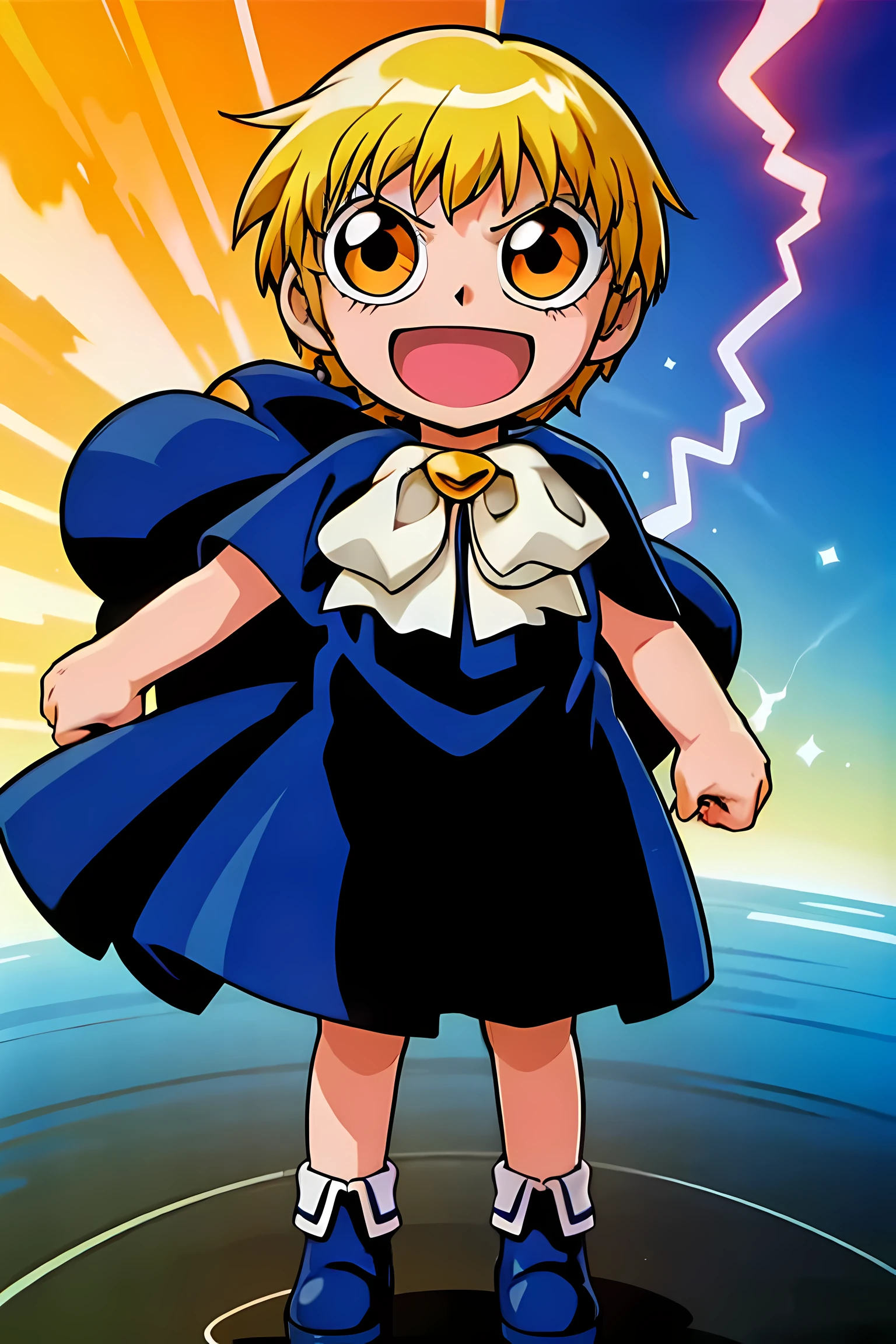 (highest quality:1.3),(ultra-be familiar with:1.5),High resolution,extremely be familiar with CG,unity 8k wallpaper,official art,be familiar with,super be familiar with skin,perfect anatomy,beautiful be familiar with eyes,((anime screenshot)),very delicate and beautiful,comics,90s anime,90s anime style,cel shaded anime,alone, 1 boy, whole body, orange eyes, blonde hair, short hair, gouache, black cloak, white ribbon, Big eyes, blue shoes, lightning,((5 boy:1.52)),open mouth smile