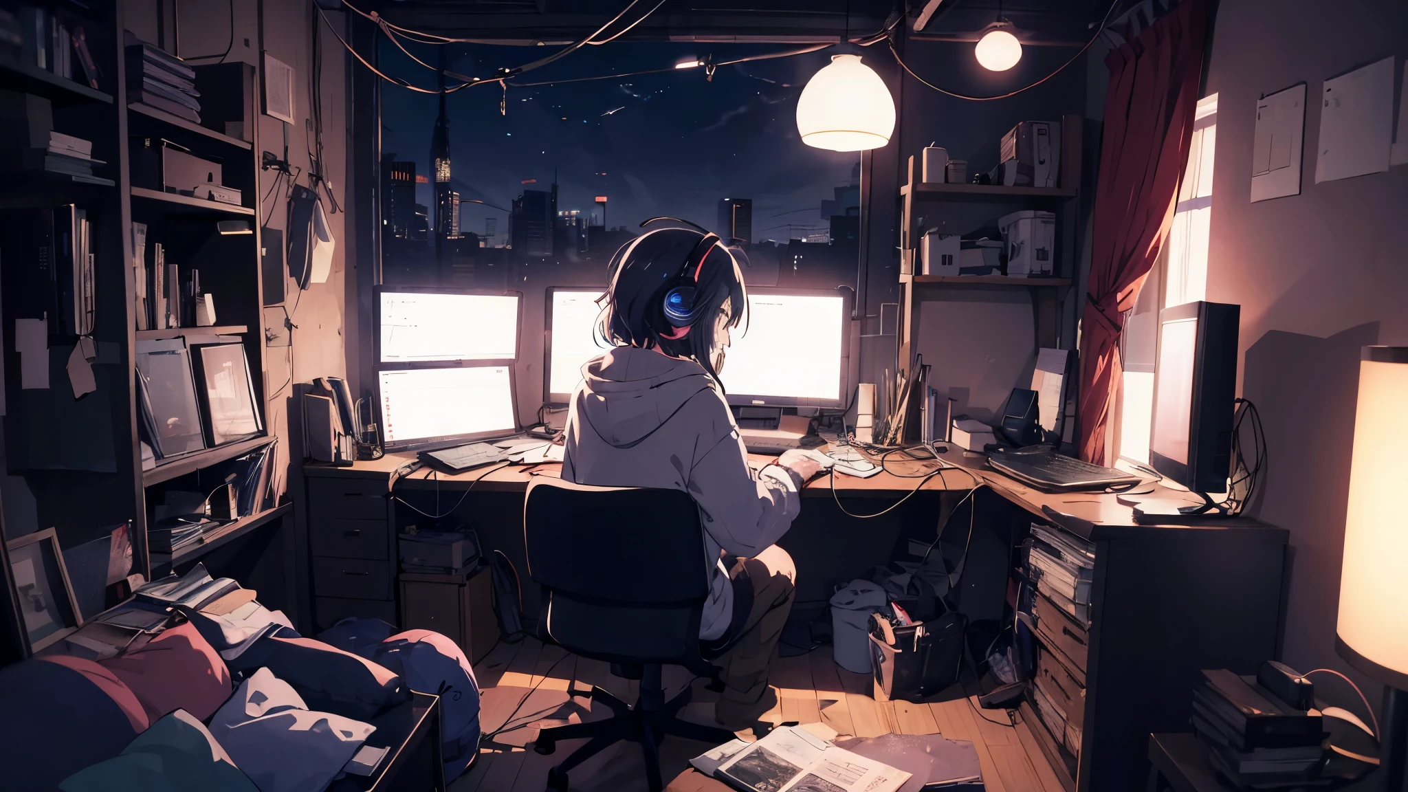 night、Girl listening to music in a cozy room, Using headphones, Anime-style 2D, lo-fi, hard disk, dark environment