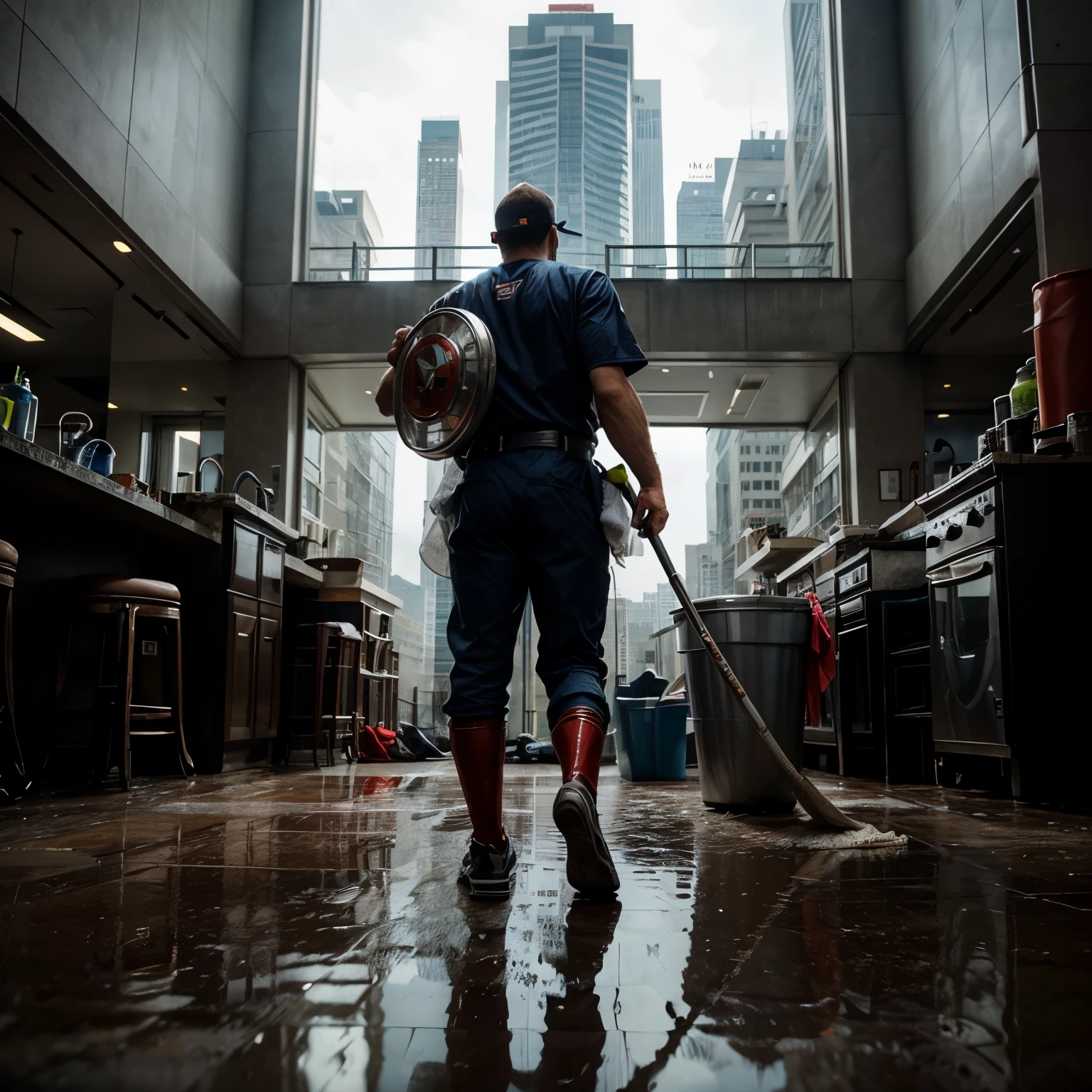 (masterpiece, best quality, trending on artstation, 8k), superhero janitor stands tall, wearing a dazzling uniform that combines the practicality of a janitor’s outfit with the flair of a superhero costume. Their cape flutters as they wield a mighty mop in one hand and a trash can lid as a makeshift shield in the other. The sunlight glints off their cleaning spray bottle, and their eyes radiate determination. Behind them, a city skyline looms, with skyscrapers reflecting in the puddles they’ve just mopped. The superhero janitor is ready to clean up crime and grime, one spotless floor at a time!