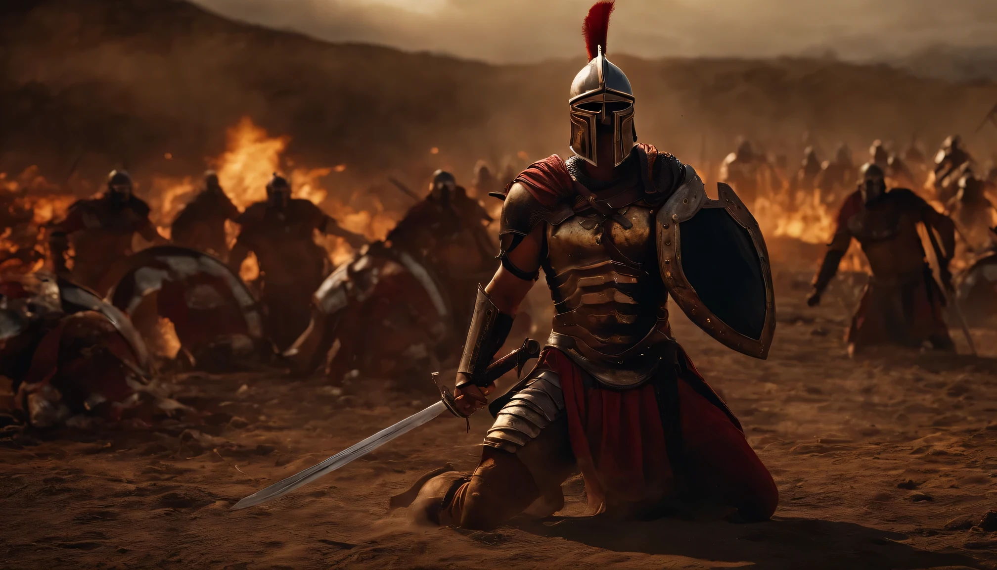 spartan warrior, death , bloody armor, on the battlefield, kneel in the center, epic, 8 thousand, dead warrior corpse on the floor, in the middle,