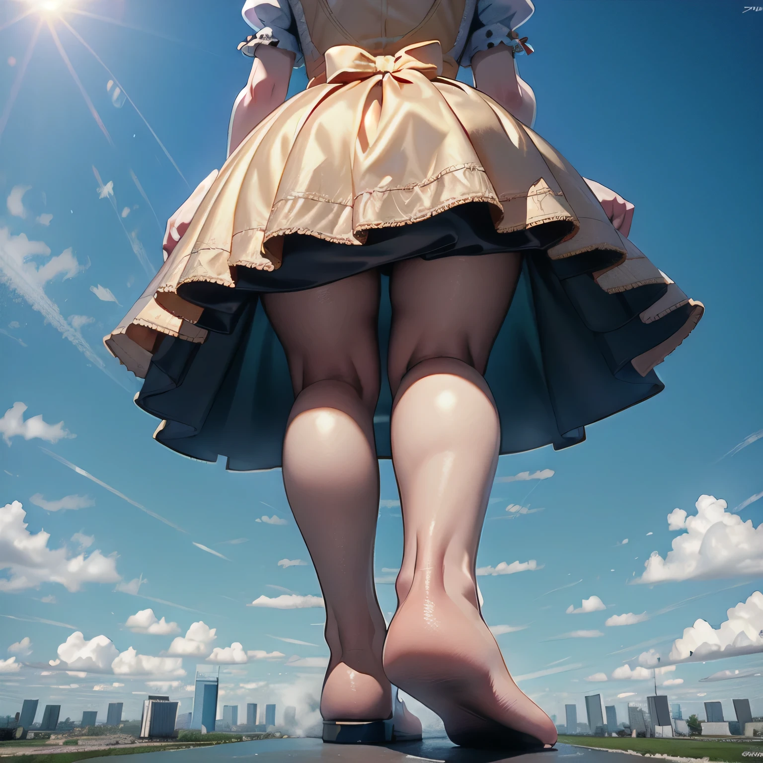 three angry women, 30 years old, thicc curvy body, wearing pleated skirt and boots, stomping the grass, viewed from below
