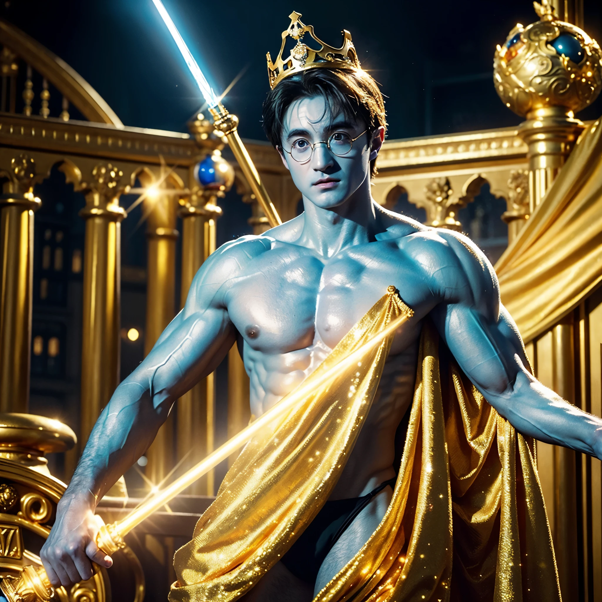 blue skin Harry Potter, muscular body, bare upper body, golden ornaments, flashy costume, Hogwarts in the background, golden king, golden emperor Harry Potter, painted in the center, crowd in the background, golden effect, golden magic, high quality,Harry Potter with golden skin, muscular body, bare upper bodyHarry Potter with golden skin, nothing on, naked, nothing on upper body, golden ornaments, flashy costume, Hogwarts in background, golden king, golden emperor Harry Potter, painted in the center, crowd in background, golden effect, golden magic, high quality, high definition、Harry Potter, the king who unifies the universe, robot in the background,
