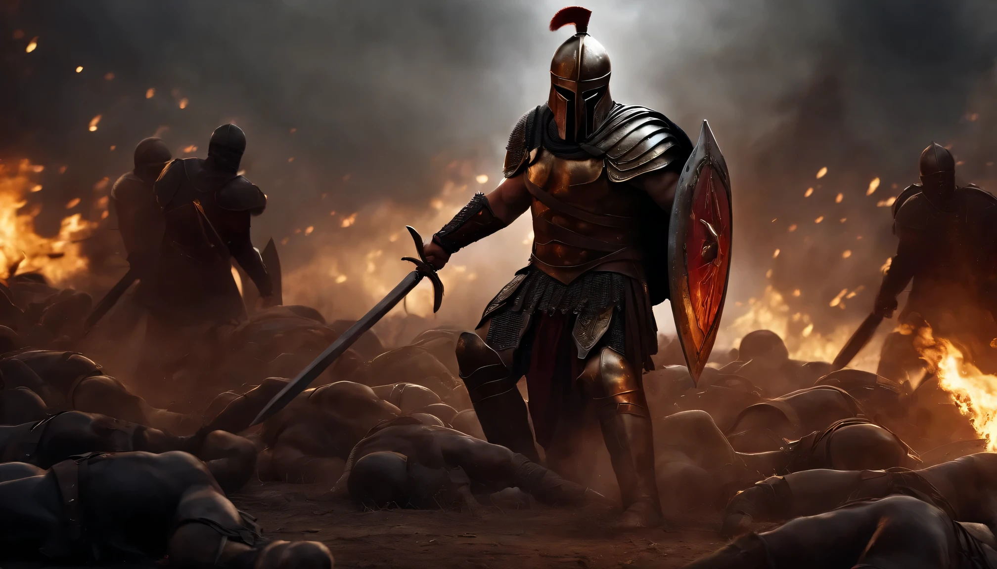 spartan warrior, death , bloody armor, on the battlefield, kneel in the center, epic, 8 thousand, dead warrior corpse on the floor, in the middle,