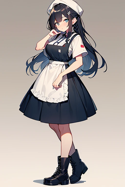 ((highest quality)), ((masterpiece)), (be familiar with), perfect face, one girl、、big breasts、small face、long hair、silky hair、foreign style braids、pastel blue hair、Full body figure、standing position、khaki、Work clothes、Jumpsuit、work apron、safety boots、background white、