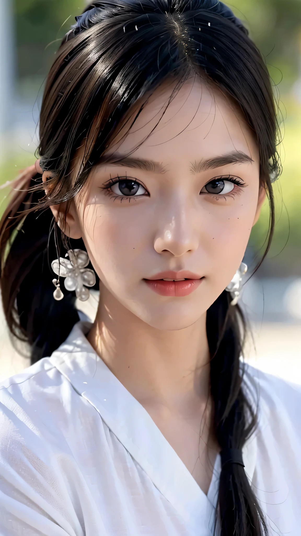 One woman,fully body photo,masutepiece, The highest image quality, High quality, the background is clear,Beautiful woman, Japanese, Detailed, Detailed eyes, Detailed skin, Beautiful skin, 超hight resolution, (reality: 1.4),Very beautiful woman, Slightly younger face, Beautiful skin, slender, (Ultra photo realsisim), (hight resolution), (8K), (Very detailed) (beautifully detailed eyes), (super detailed), (Detailed face), view the viewer, Fine details, Detailed face, Staring straight ahead, Staring straight ahead, photos realistic, Bright lighting, Professional Lighting, Black hair,poneyTail,a baby face,sixteen years old,Hairstyle is ponytail,long ponytail hairstyle,slight smile,neat and tidy clothing,European Streets,winter Clothing,snowing,