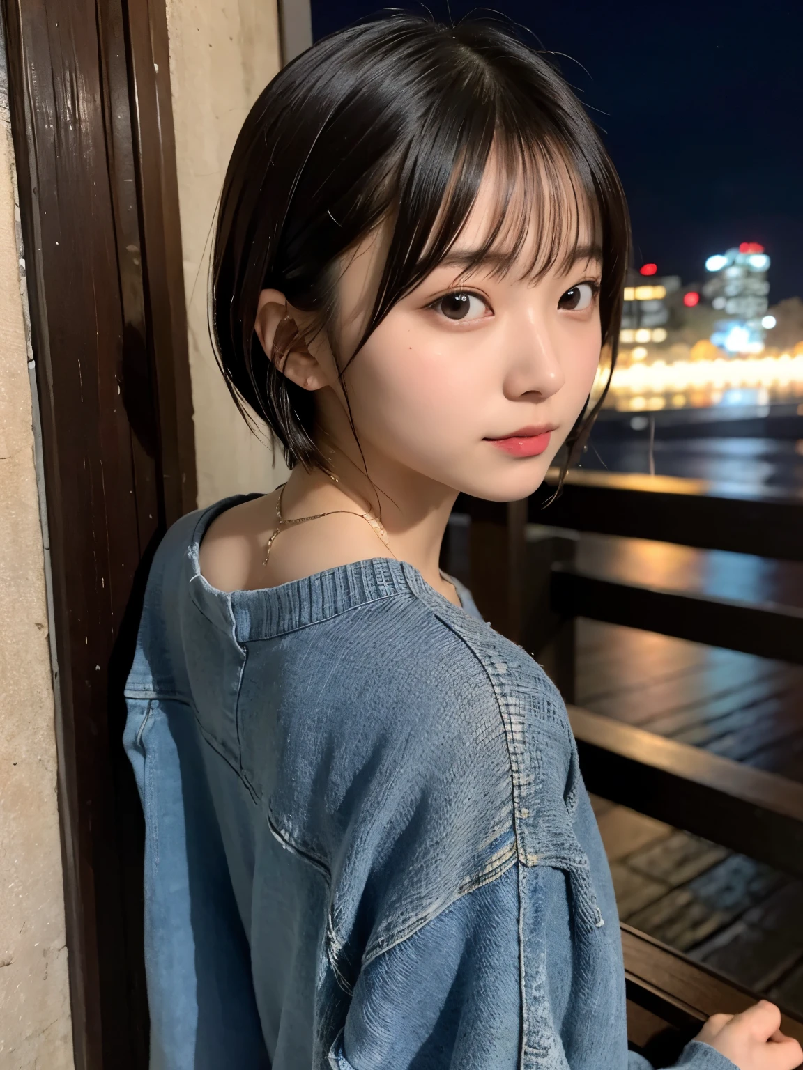 Best quality,raw photo , 19 years old Japanese female idol, leaning forward,touch the wall ,from behind, looking back , v-neck sweater ,boyfriend jeans,Short hair, bowl cut ,cute face ,edgy ,wet ,selfie, rain,night,