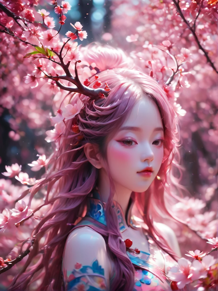 a girl made of fresh plants，迷幻Cherry blossoms空间 , Very detailed, Vibrant colors, Cherry blossoms女孩，((Cherry blossoms头发))，Layered art, Cherry blossoms树林,Cherry blossoms,Beautiful psychedelic psychedelic white complex detailed crafted,cute face,long hair,8k,Ultra-fine knots,antlers
