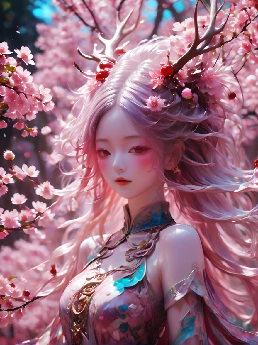 a girl made of fresh plants，迷幻Cherry blossoms空间 , Very detailed, Vibrant colors, Cherry blossoms女孩，((Cherry blossoms头发))，Layered art, Cherry blossoms树林,Cherry blossoms,Beautiful psychedelic psychedelic white complex detailed crafted,cute face,long hair,8k,Ultra-fine knots,antlers