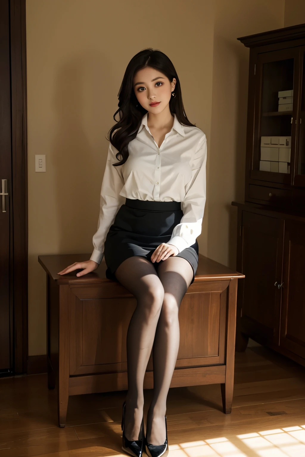 (anatomically correct:1.5),(best quality:1.5), natural lighting,(Reasonable composition:1.3),(Full body portrait painting:1.1), beautiful big eyes,The face is rich in detail,office lady,office clothes,Collared white shirt,black skirt,High heel,Lovely,black pantyhose,seiza,two feet