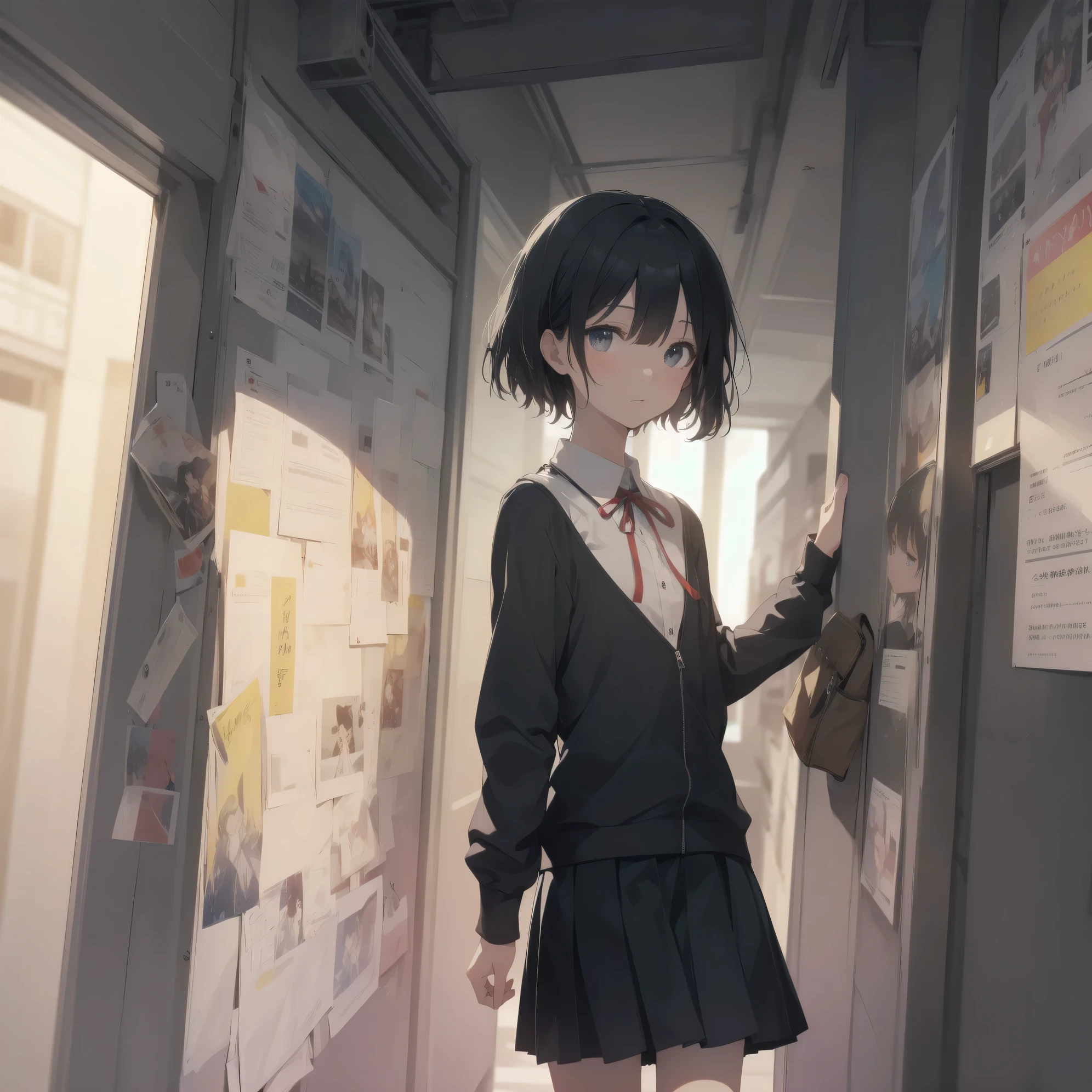 Super absurd quality by the god of art, super detailed, High resolution, anime moe art style, Best Anime 8K Kona-chan Wallpaper, pixiv contest winner, perfect anatomy, break,(眠そうにalone学校へ行く女の子を描いてください. )break,1 girl, (alone,little woman, baby face, 13 years old:1.3),All limbs, full finger,, The charm of an immature body, (very short hair), bangs, flat chest, Small Bodysuits, small ass, between legs, small black eyes, detailed and beautiful eyes, Well-proportioned iris and pupils, expressive eyes, sleepy eyes, High resolutionの詳細な髪, hair grip, neck ribbon, skirt, collared shirt, pleated skirt, school uniform, school bag,(detailed lighting), (detailed background), On the way to school. break,super dense skin, Best movie lighting by famous artists, 8k,cute illustration,photoshop_(Moderate),Absurd Hi-Res,Hmm,rough skin