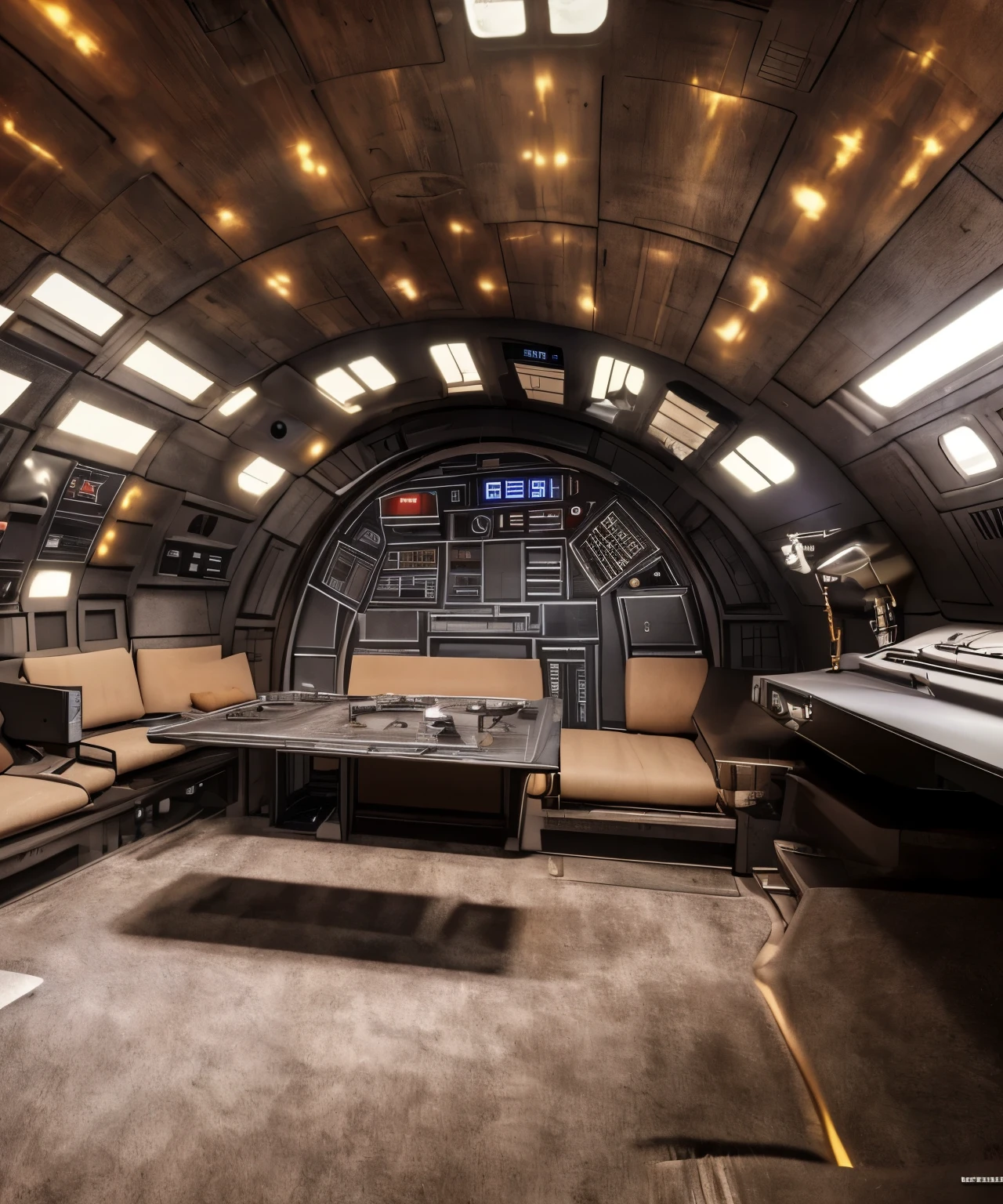 Best Quality, Masterpiece, Ultra High Resolution, (Realistic: 1.4), 4K, 8k, ultra realism, interior design, interior of millennium falcon, space ship, Star Wars, gritty, unclean, retro, 1970s, space, interior, bright lighting 