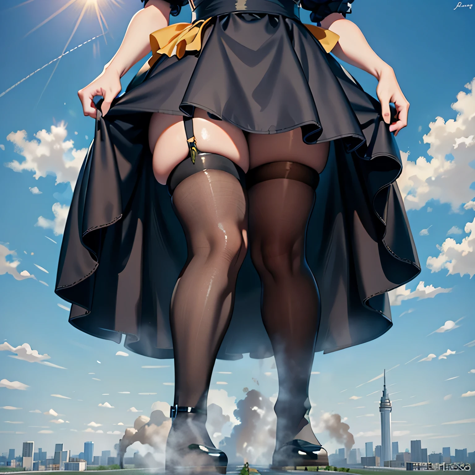 Giantの芸術, 非常に詳細なGiantショット, Giant, short hair, A huge beautiful girl that is much bigger than a skyscraper, wearing rimless glasses, big breasts, big ass, navy maid uniform, black pantyhose, pantyhose barefoot, Steam comes out from the soles of the feet, very small metropolis, miniature metropolis, crush the big city, full body description, ＧＴＳ, ギガGiant, stomping city, crash city, small town, micro city, High resolution, highest quality, masterpiece, maid, 