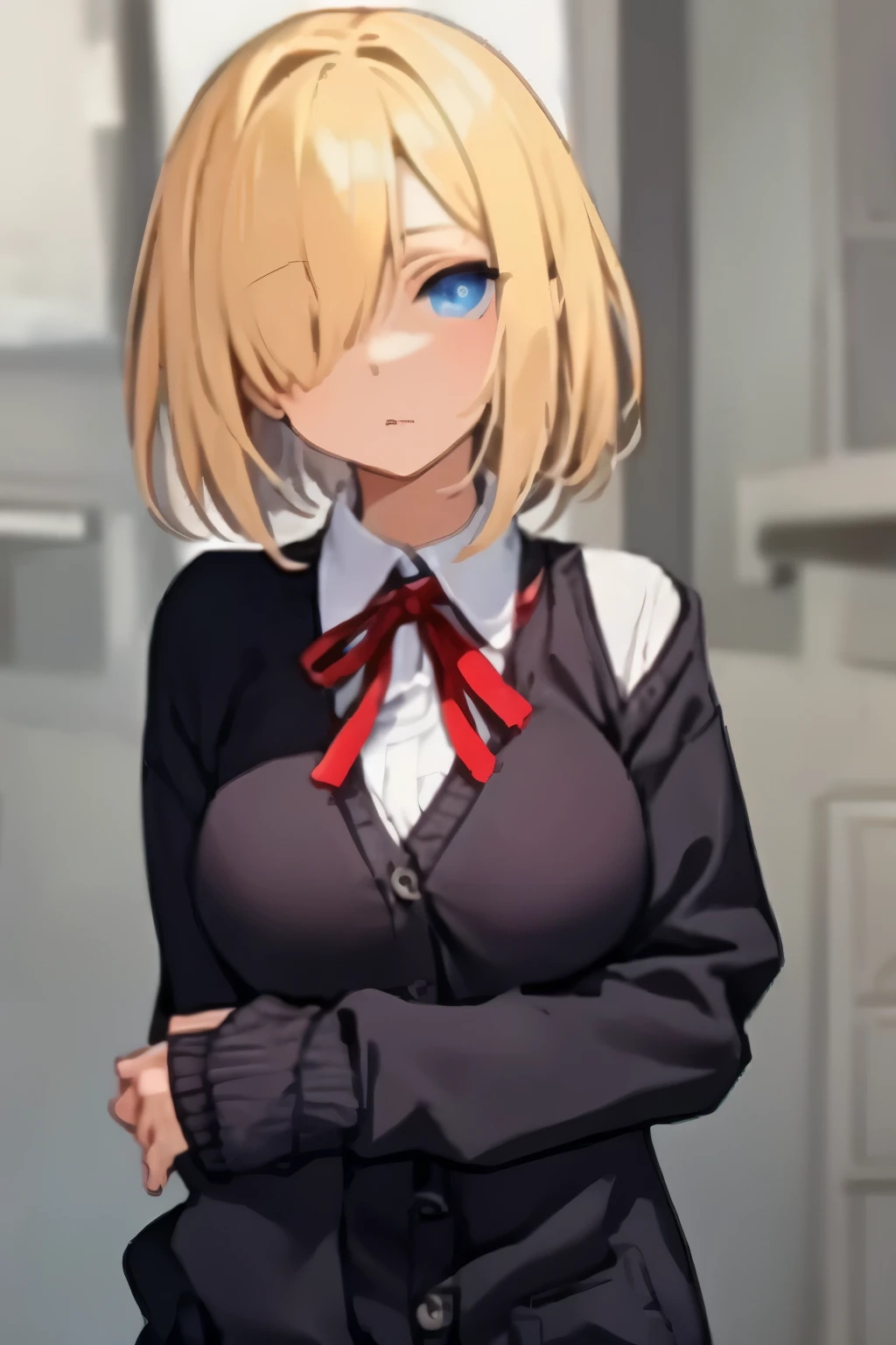 Upper body,standing,solo,gal,1Girl,jitome,blue eyes,hair over one eye,large breasts, brown skin,(Constricted pupils,),(peeking), BREAK,blonde is hair, straight bob cut,BREAK,School Uniforms,BREAK,sleeves past wrists black baggy cardigan,BREAK,inner wear is white collared-shirt, BREAK,It's loose red small ribbon,