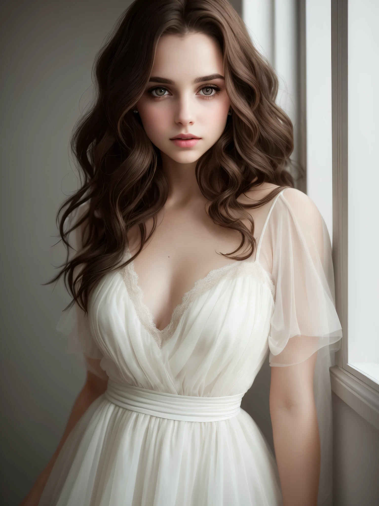 Aesthetic artwork, a woman, light brown hair, black eyes, wavy hair, flushed cheeks, full lips, mischievous gaze, pale light skin, short white sheer dress, sexy,