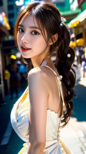high resolution,
1 beautiFul young woman,
(soFt saturation:1.3), (Fair skin:1.2),
wearing white clothes,
85mm lens,F/8.0,
background,
promote,
brown hair,
medium breasts,

rest

(china street:1.3),
1 girl, 18 years old, (Chinese dress:1.5), side tie peek, (Chinese dress:1.5),
Double bun and long twin tails, black hair，Swinging Breasts Puffy Clothes、I can see cleavage、shining body、The body is already soaked