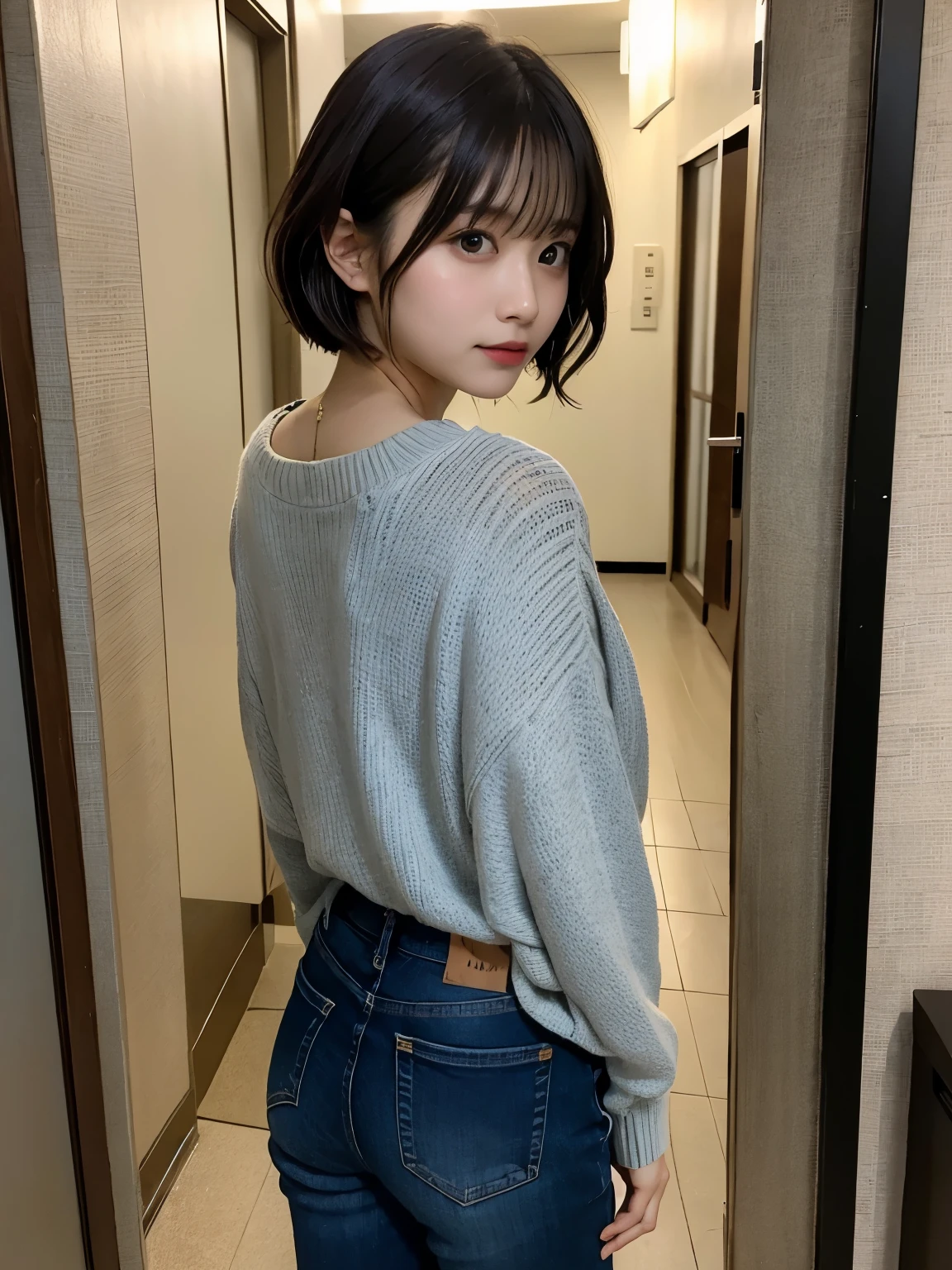 alone、low length、Low-class milf、Plump figure、White skin、Natural Makeup、Black Hair、bangs、Straight Long Hair、Flip up the skirt、(expensive 、Long sleeve sweater、Checkered Pleated Skirt)、((Backwards))、Big Breasts、(Small panties、Pure white panties)、((The upper body is wearing a sweater))、Old apartment room、Messy room、Looking into the camera、White socks、Full body photo、Pay attention to the butt、Remember、Big Ass、Plump thighs、Big Ass
