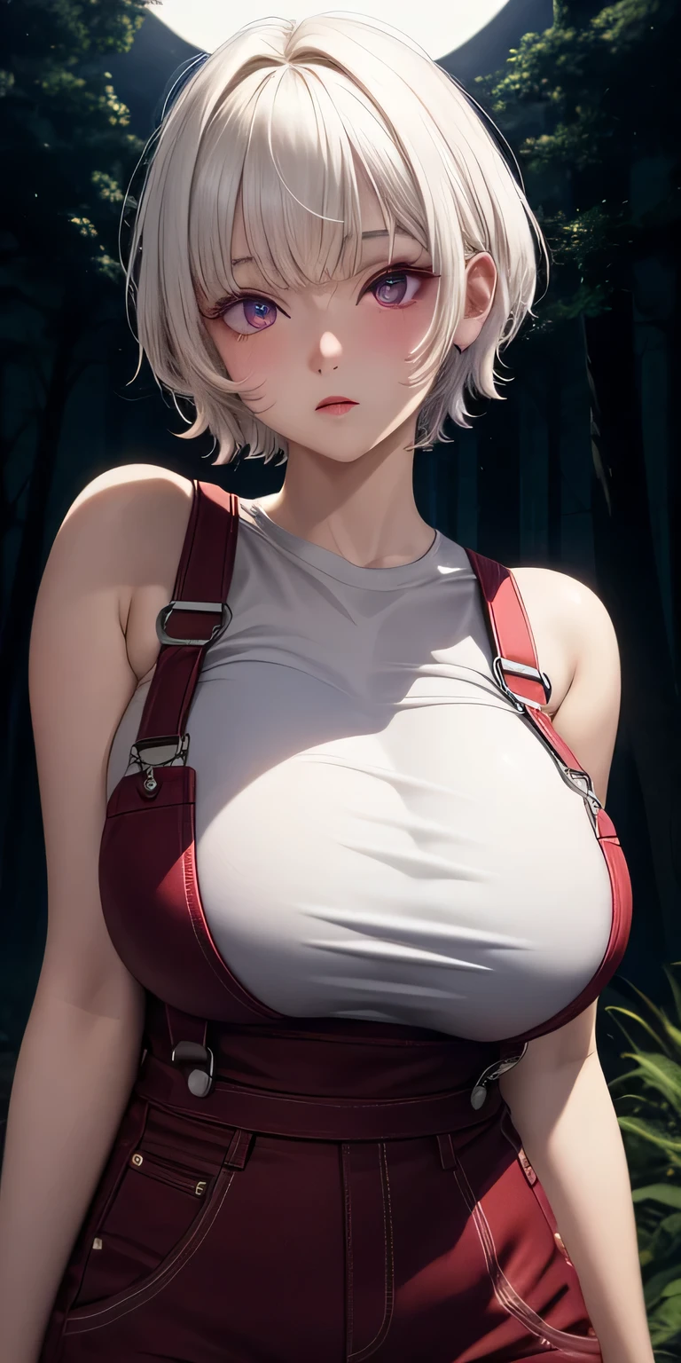 big deal  , white short hair, Red and yellow contrast T-shirt, work clothes, purple eyes, glowing eyes, open lips, blush, No finger leakage, night, forest, moon, moonlight