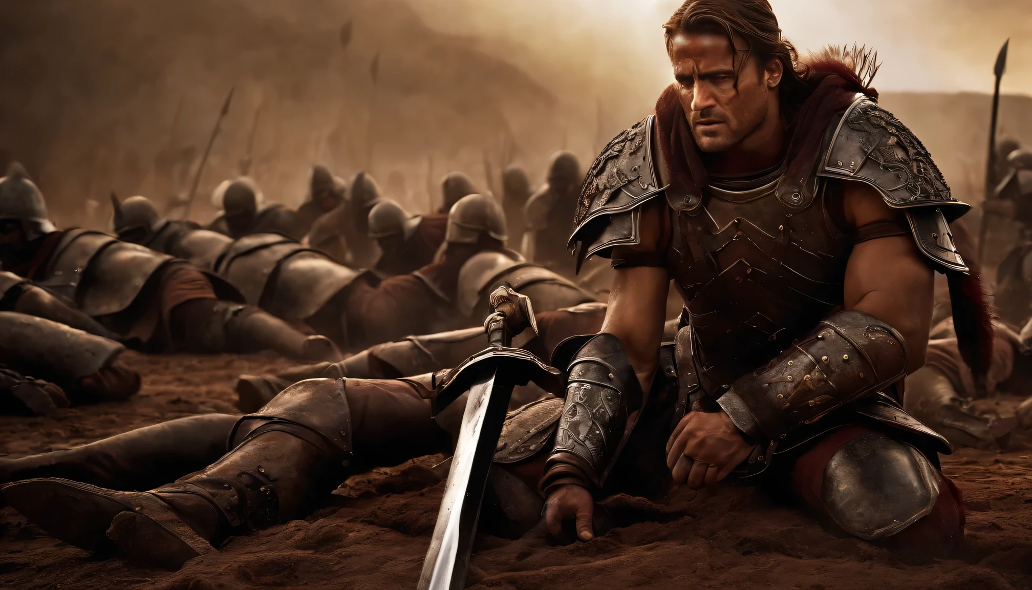 spartan warrior, death , bloody armor, on the battlefield, kneel in the center, epic, 8 thousand, dead warrior corpse on the floor, In the middle,