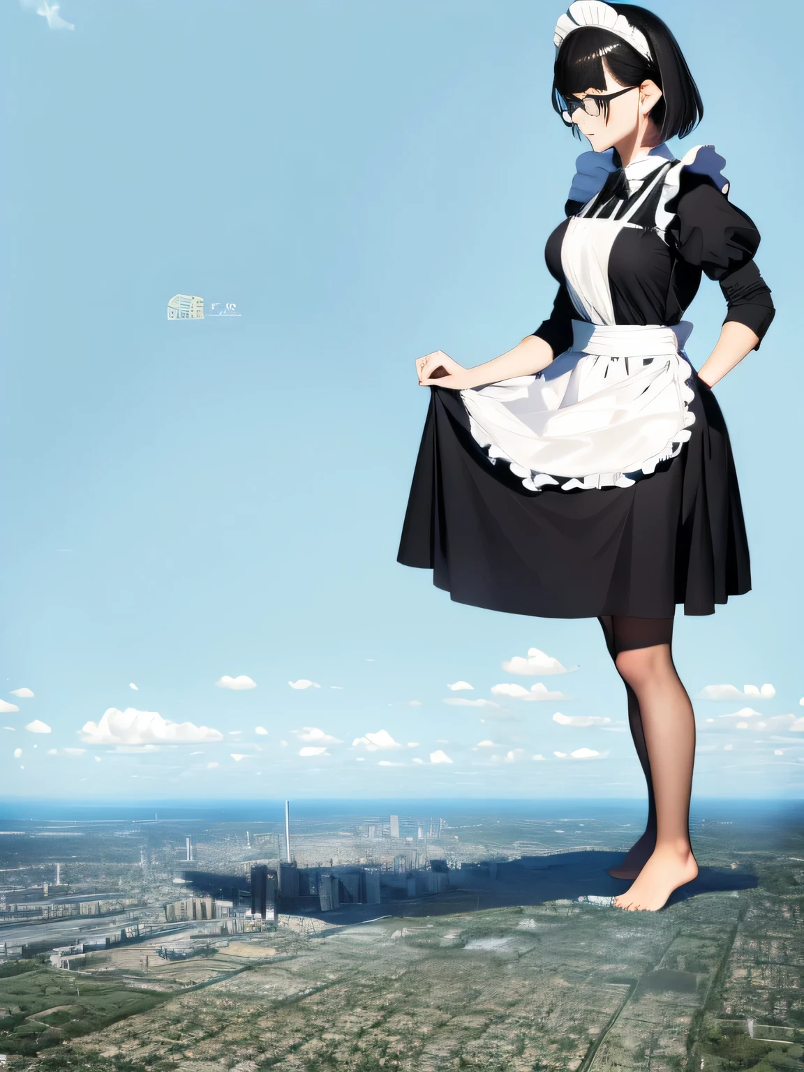 Giantの芸術, 非常に詳細なGiantショット, Giant, short hair, Two huge beautiful girls that are bigger than a skyscraper, wearing rimless glasses, big breasts, big ass, maid服, black pantyhose, pantyhose barefoot, Steam comes out from the soles of the feet, very small metropolis, miniature metropolis, crush the big city, full body description, ＧＴＳ, ギガGiant, stomping city, crash city, small town, micro city, High resolution, highest quality, masterpiece, maid, 