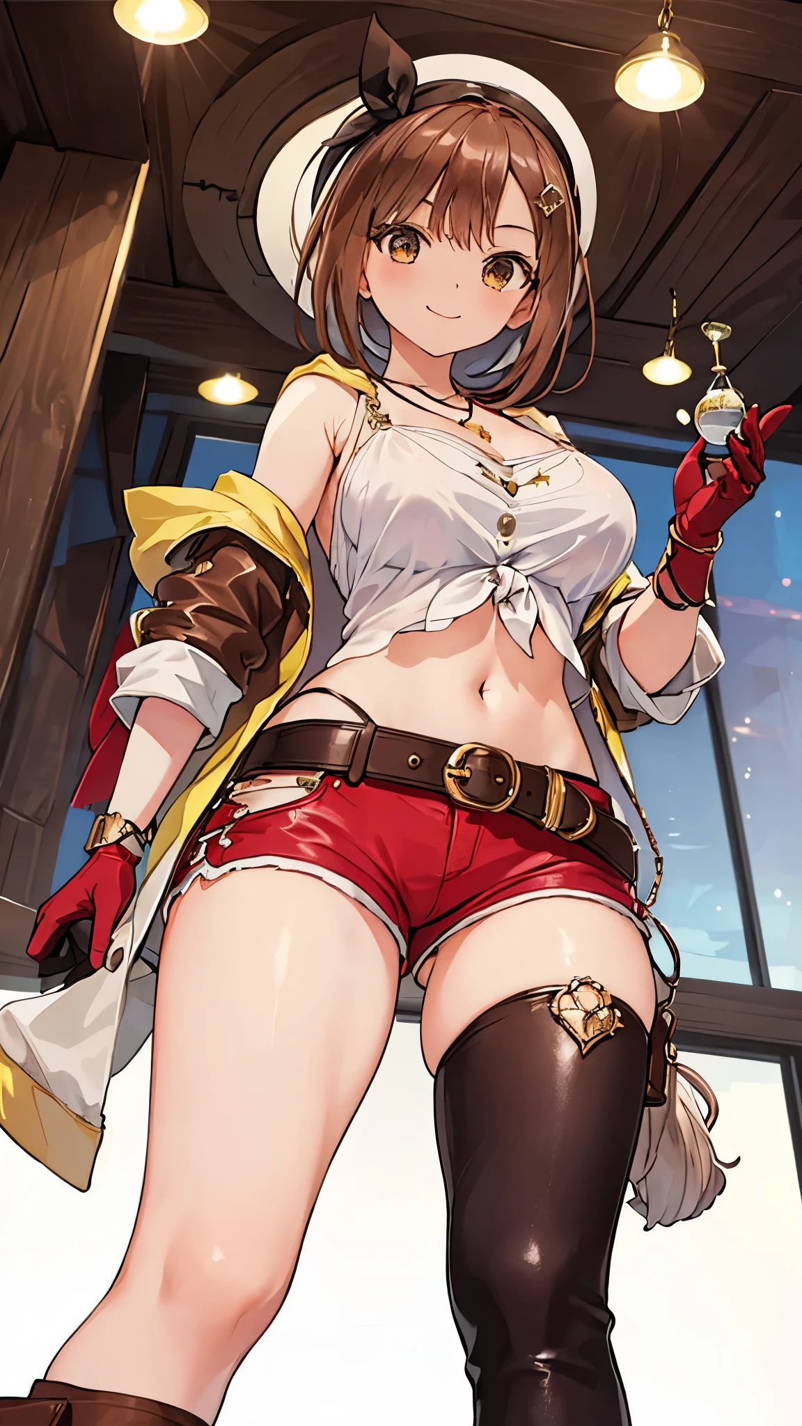 Ryza, 1 girl, alone, shorts, gloves, belt bag, have, head ribbon, jewelry, red shorts, brown hair, thighs thighs thighs, short shorts, bridal leg wear, necklace, brown eyes, single glove, hair ornaments, Barrette, star necklace, shoes without toes, leather, star (symbol), white hat, Brown gloves, Knee-high boots, short hair, thighs thighs thighs, leather Belt, brown belt, leather gloves, Jacket, blue belt, belly button, thigh boots, ノースリーブJacket, thigh pouch, white thighs, clavicle, 黄色のJacket, brown shoes, cleavage, huge breasts, ((alchemy)), ((flask)), (((close up of thighs))), (((open your legs))), ((sit)), (happy smile),midriff peak, (((angle from below)))