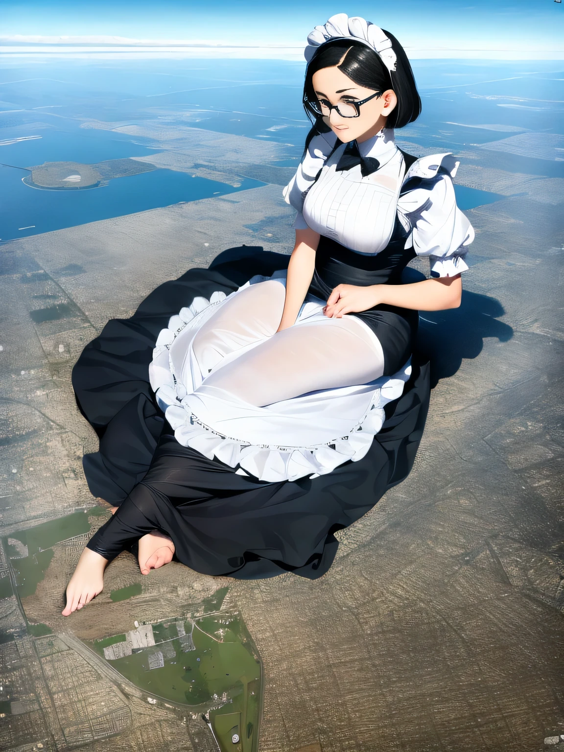 Giantの芸術, 非常に詳細なGiantショット, Giant, short hair, Two huge beautiful girls that are bigger than a skyscraper, wearing rimless glasses, big breasts, big ass, maid服, black pantyhose, pantyhose barefoot, Steam comes out from the soles of the feet, very small metropolis, miniature metropolis, crush the big city, full body description, ＧＴＳ, ギガGiant, stomping city, crash city, small town, micro city, High resolution, highest quality, masterpiece, maid, 