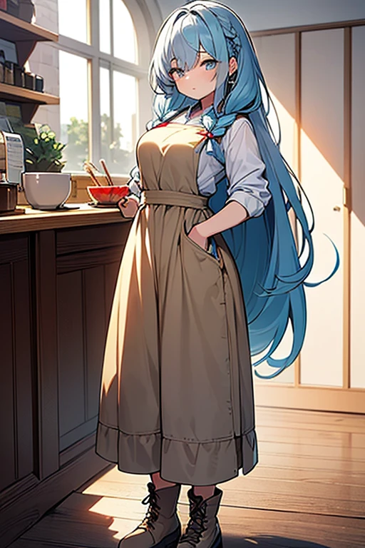 ((highest quality)), ((masterpiece)), (be familiar with), perfect face, one girl、15 years old、big breasts、small face、long hair、silky hair、foreign style braids、pastel blue hair、Full body figure、standing position、khaki、Work clothes、Jumpsuit、work apron、safety boots、background white、no background、